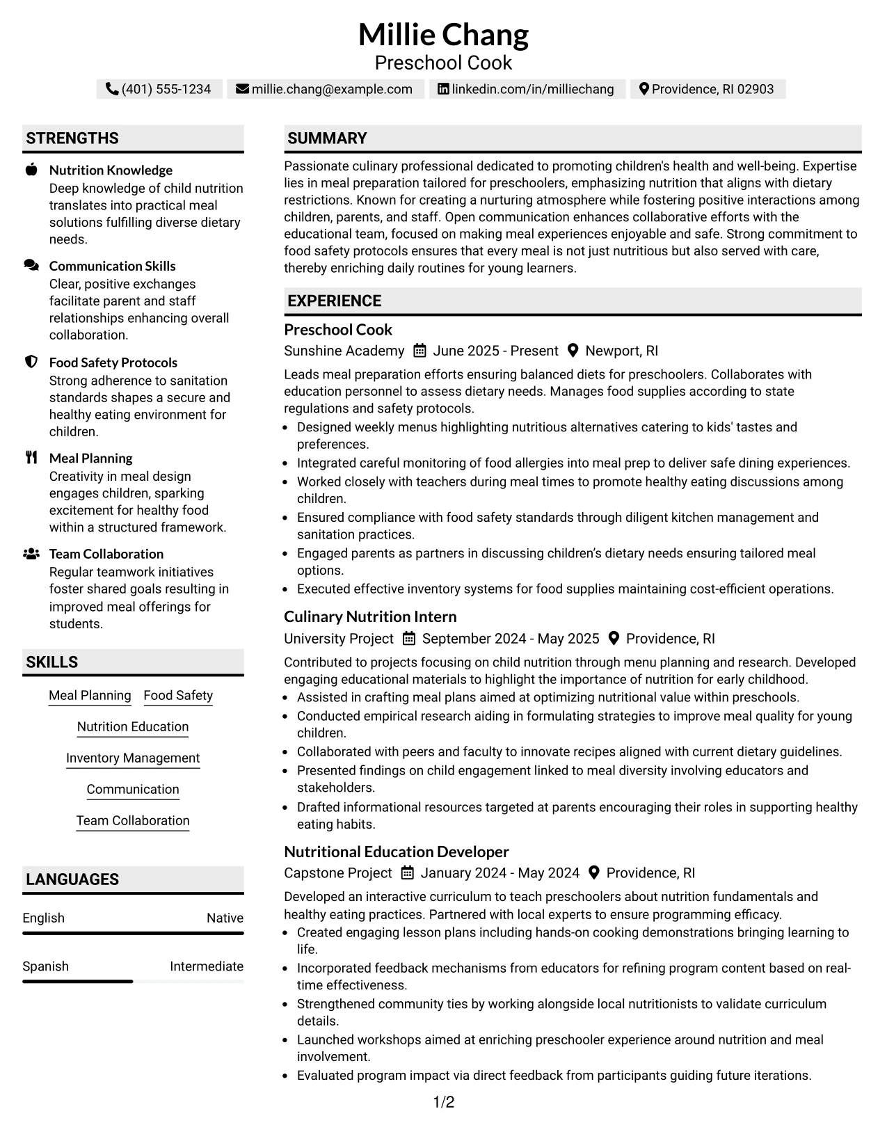 Resume Example Page 1