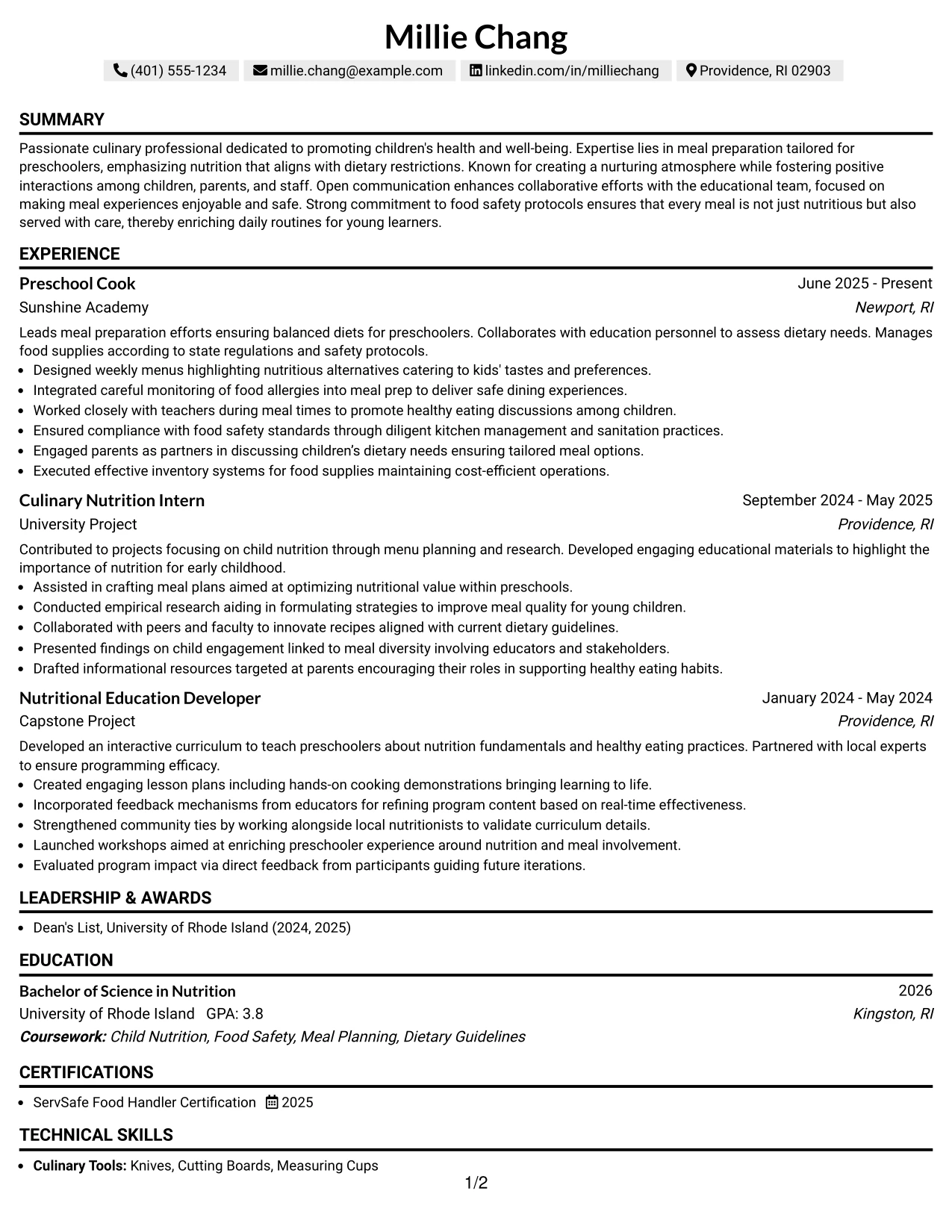 Resume Example Page 1