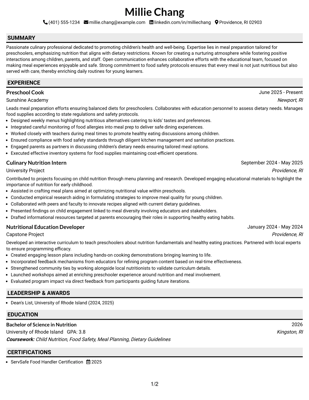 Resume Example Page 1