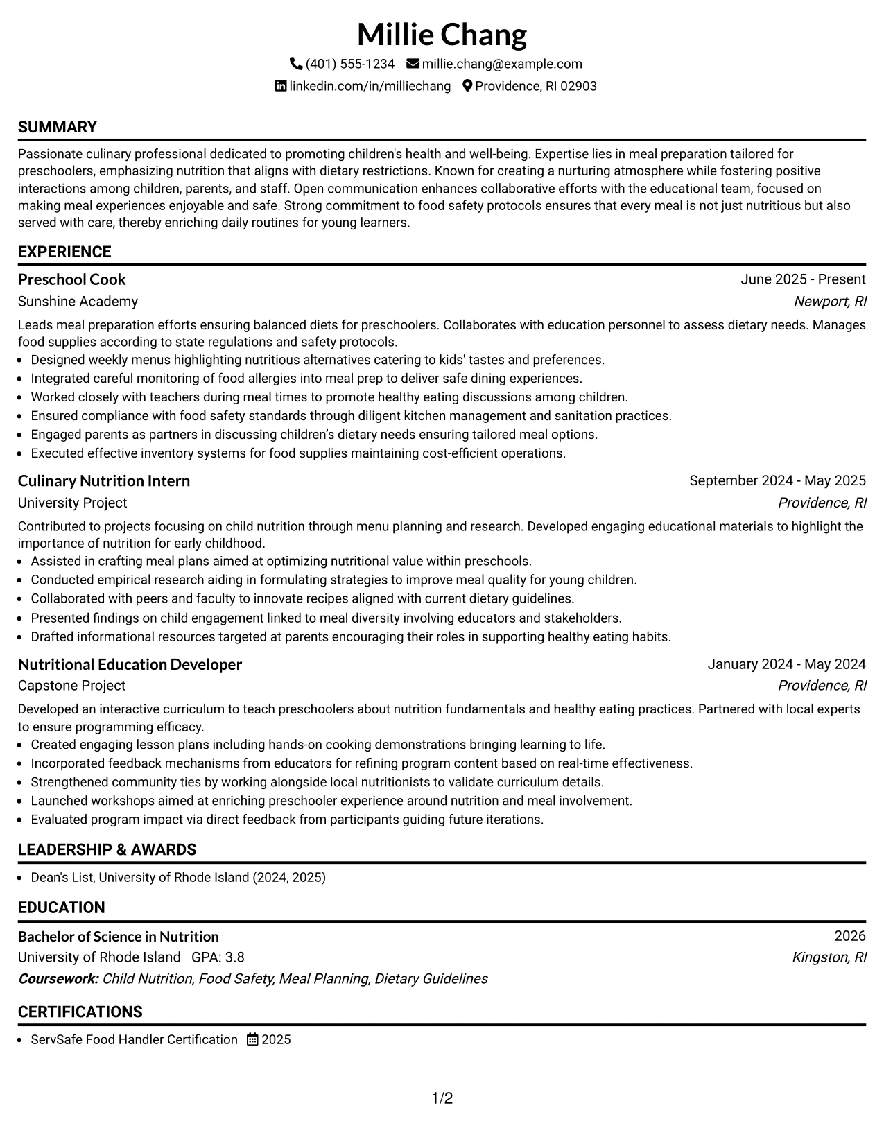 Resume Example Page 1
