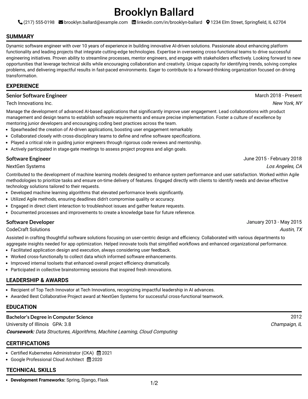 Resume Example Page 1