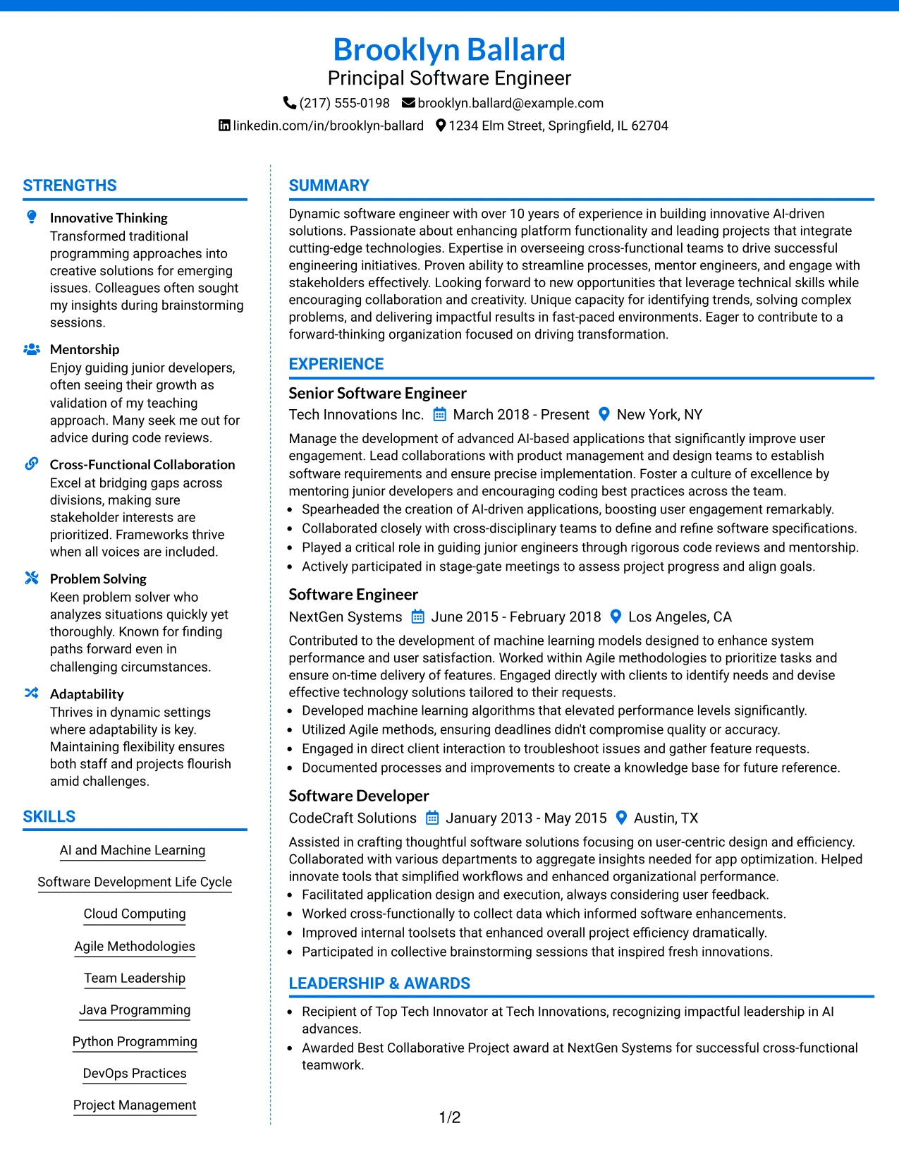 Resume Example Page 1