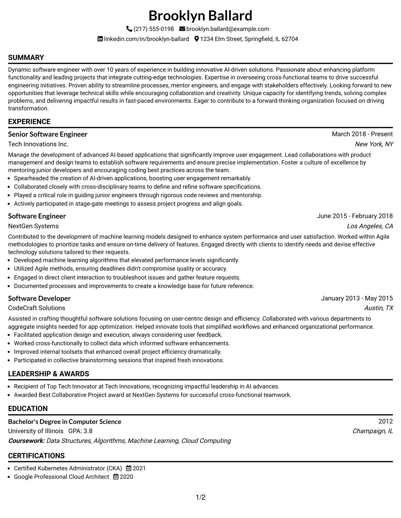 Resume Example Page 1