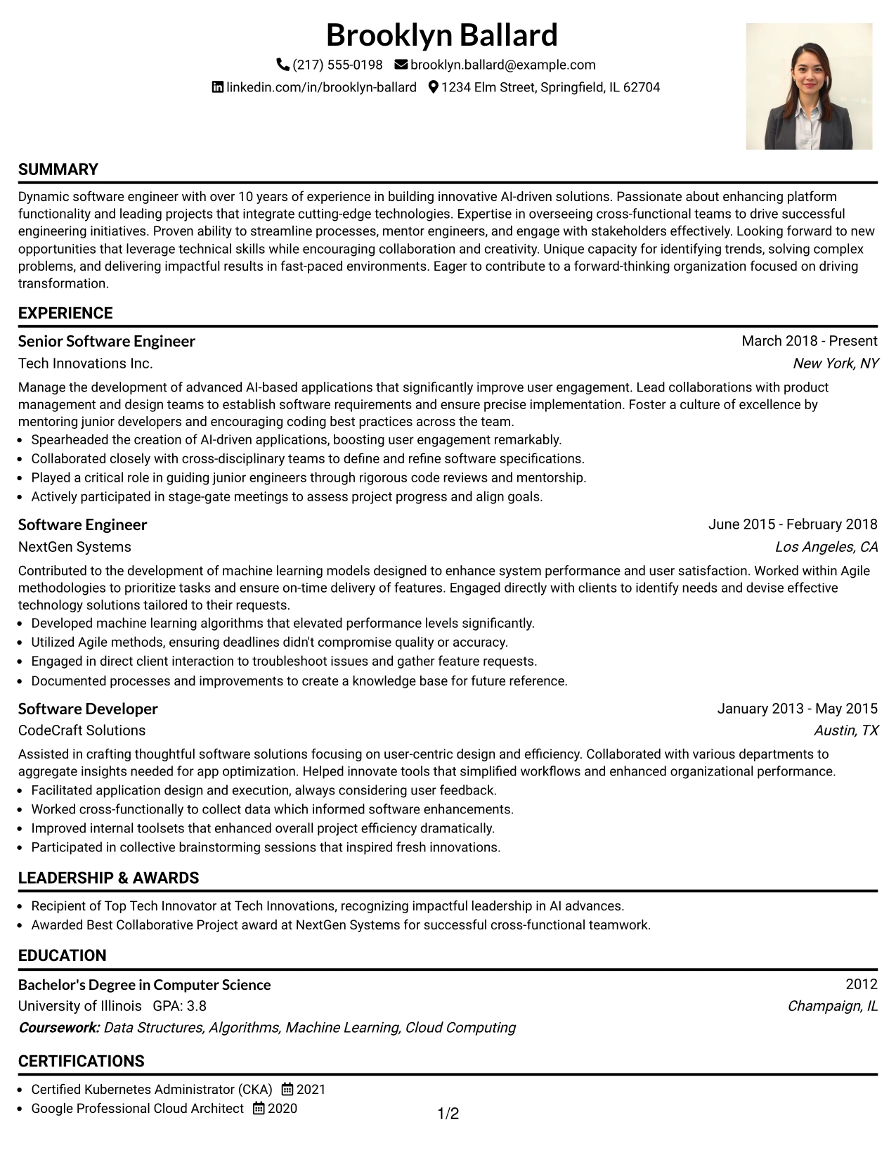 Resume Example Page 1