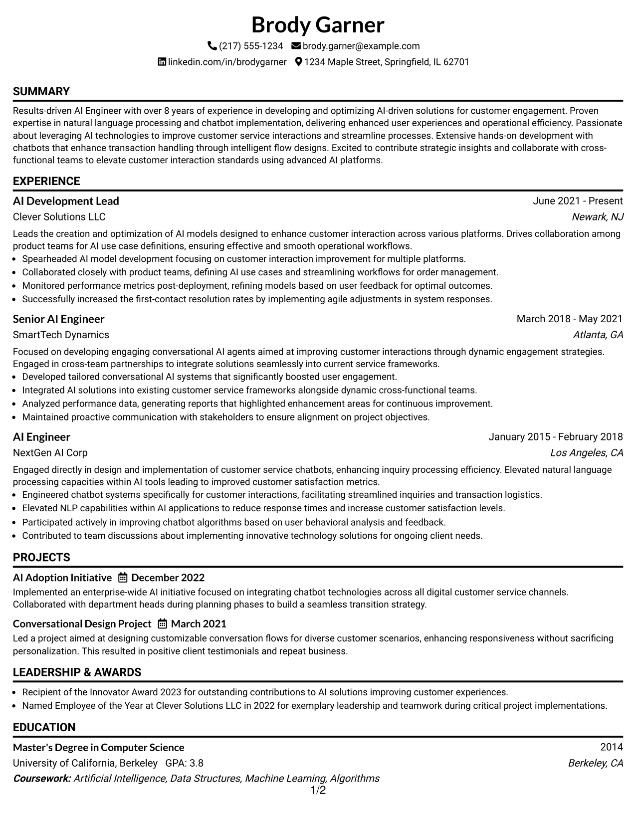 Resume Example Page 1
