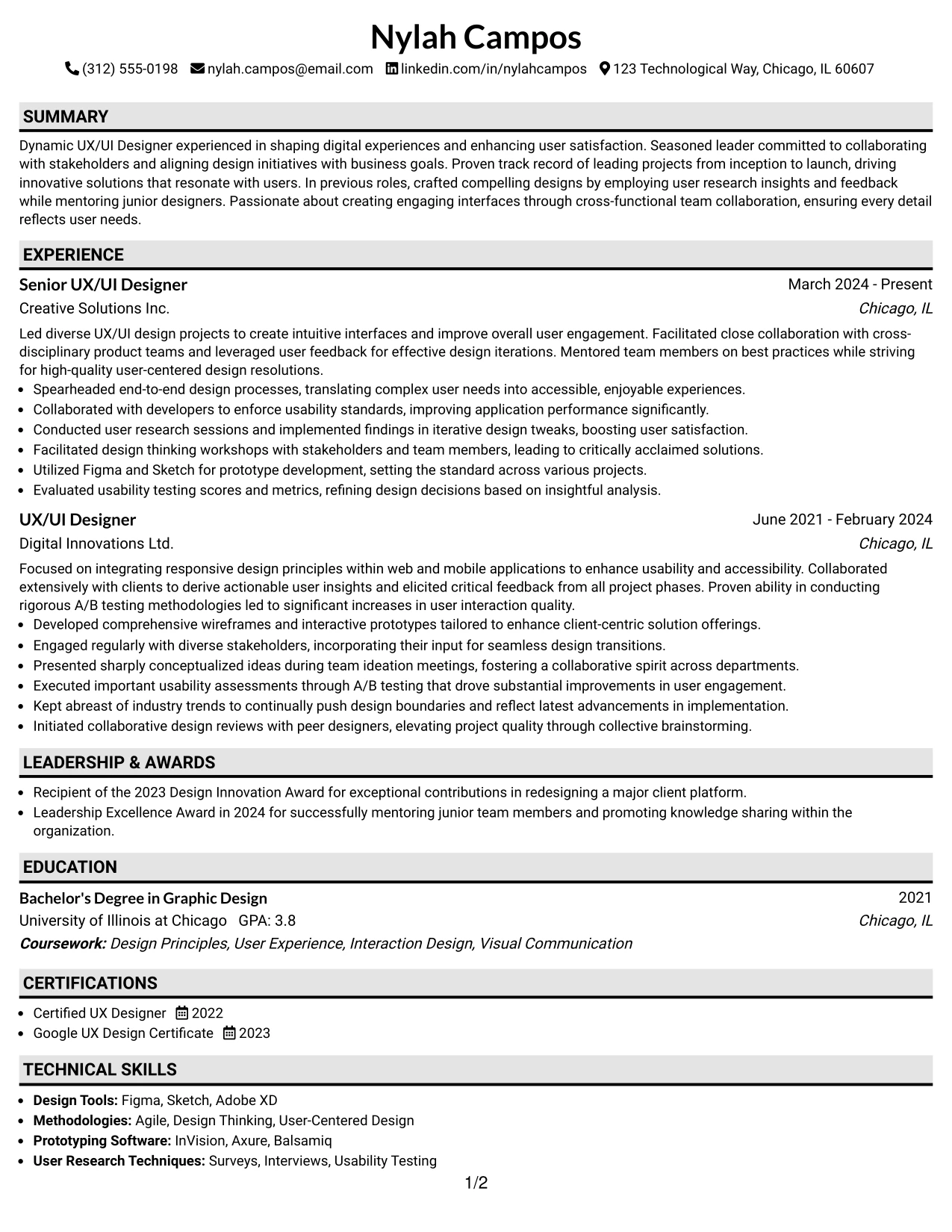 Resume Example Page 1