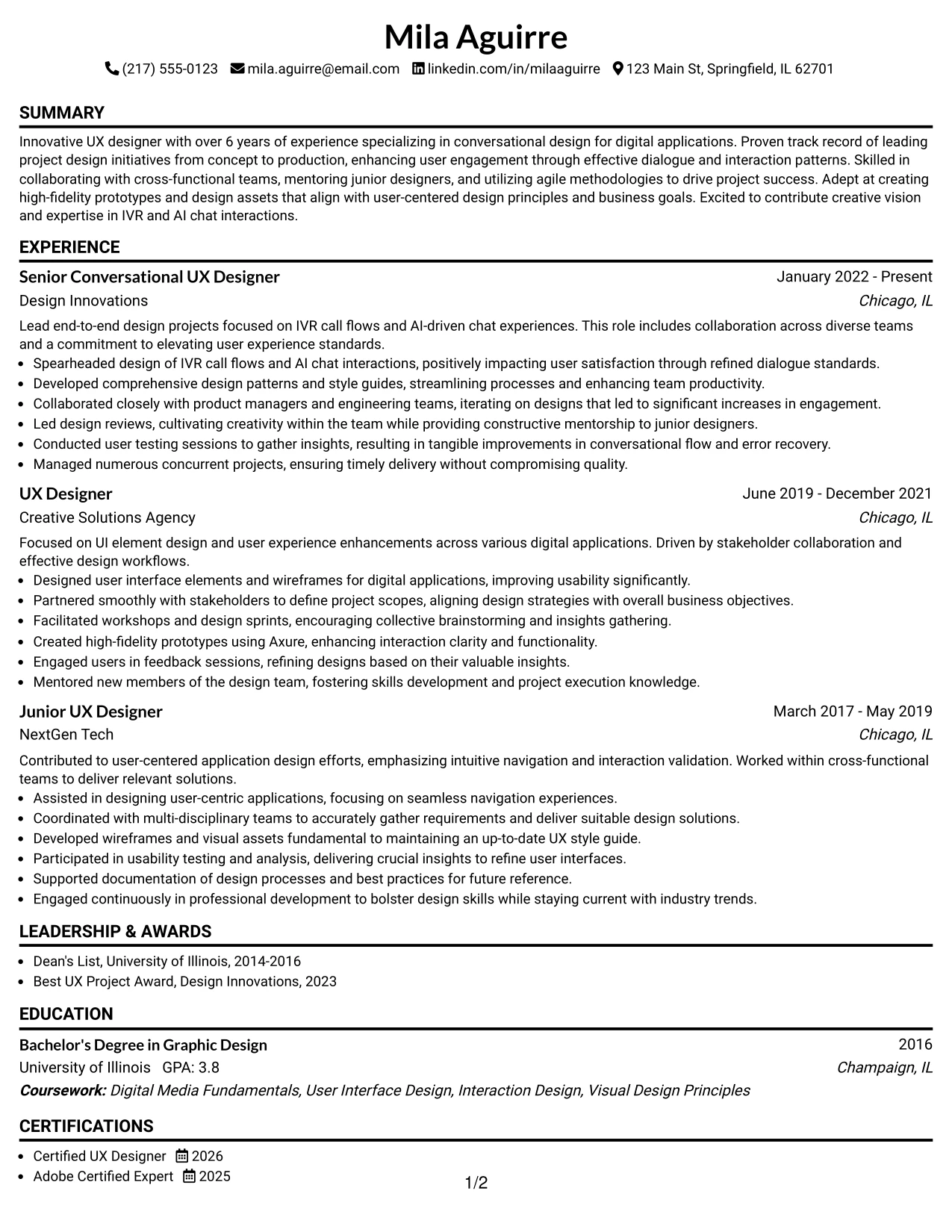 Resume Example Page 1