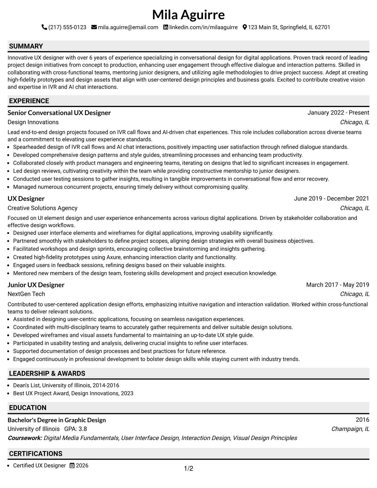 Resume Example Page 1