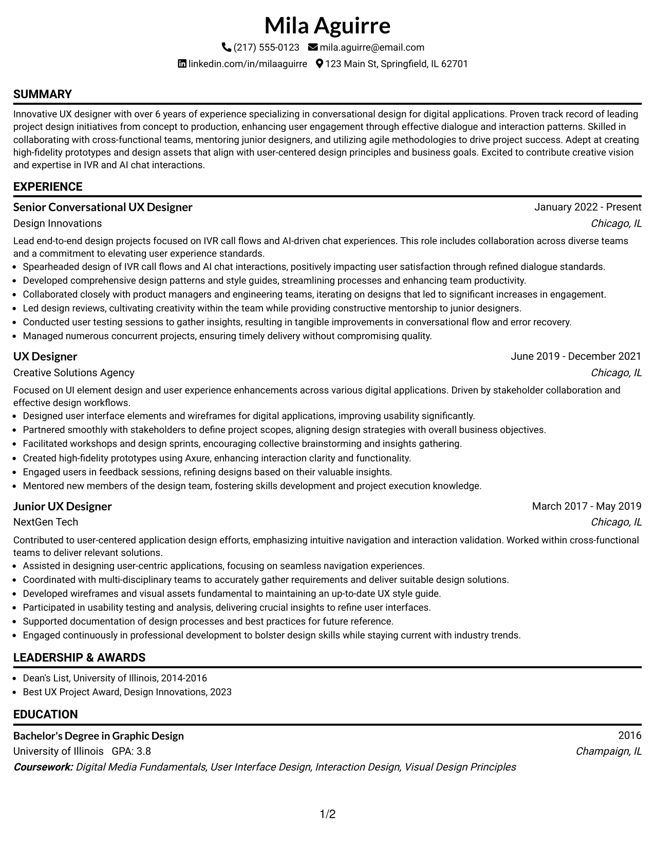 Resume Example Page 1