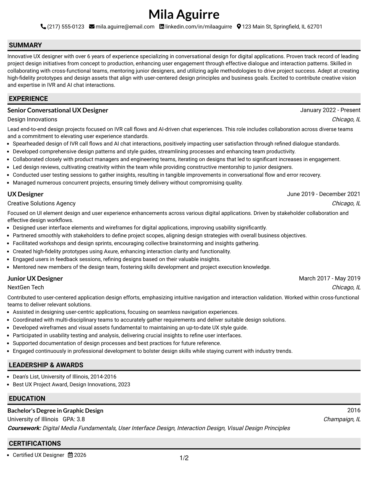 Resume Example Page 1