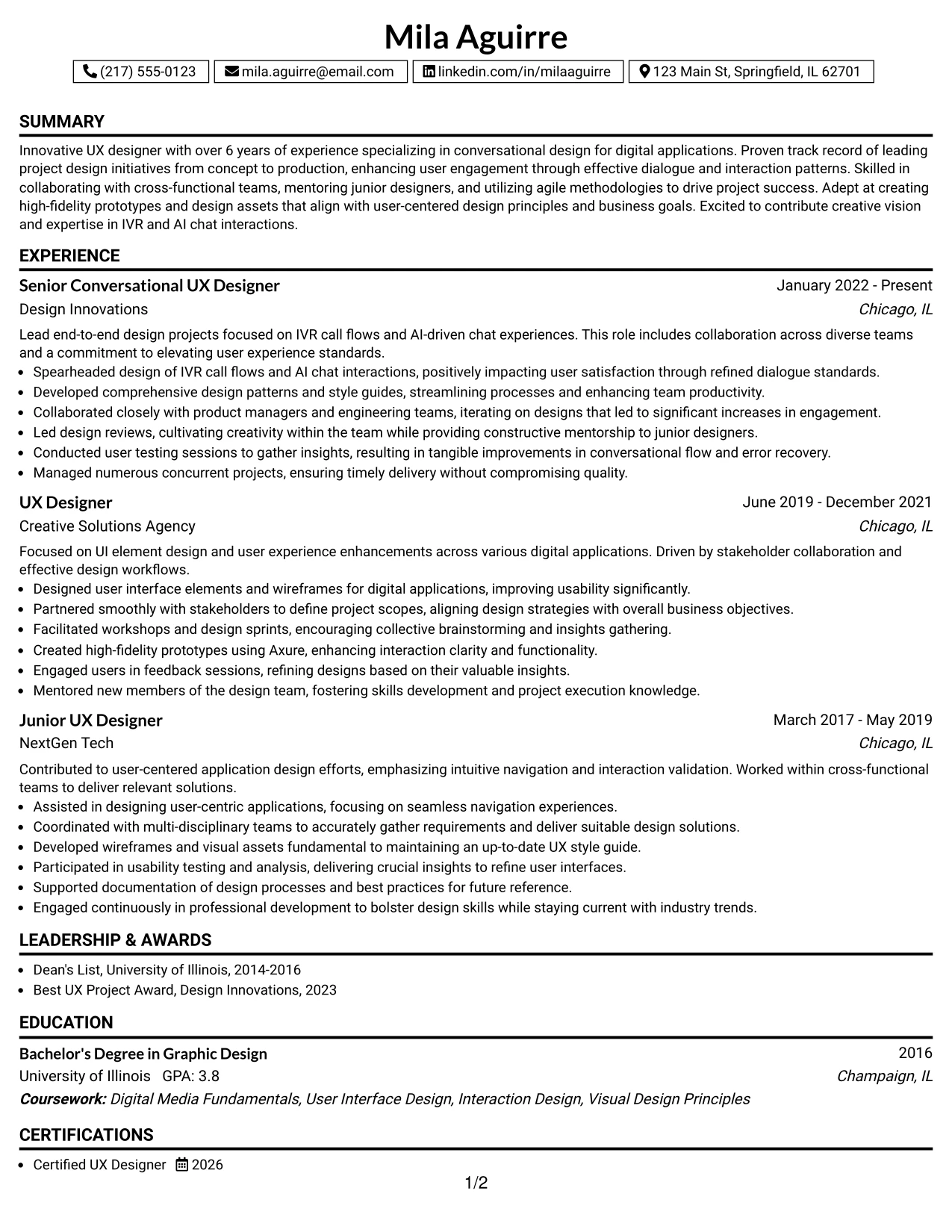 Resume Example Page 1