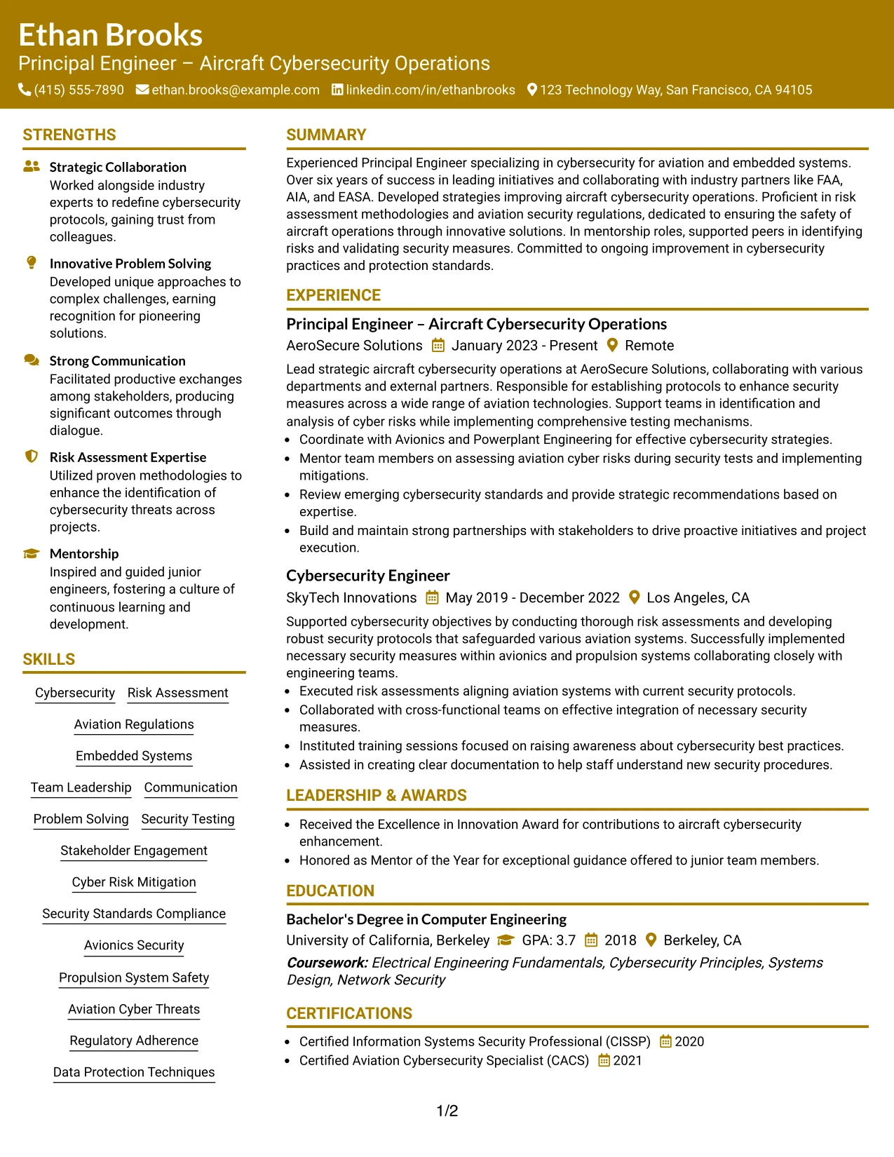 Resume Example Page 1