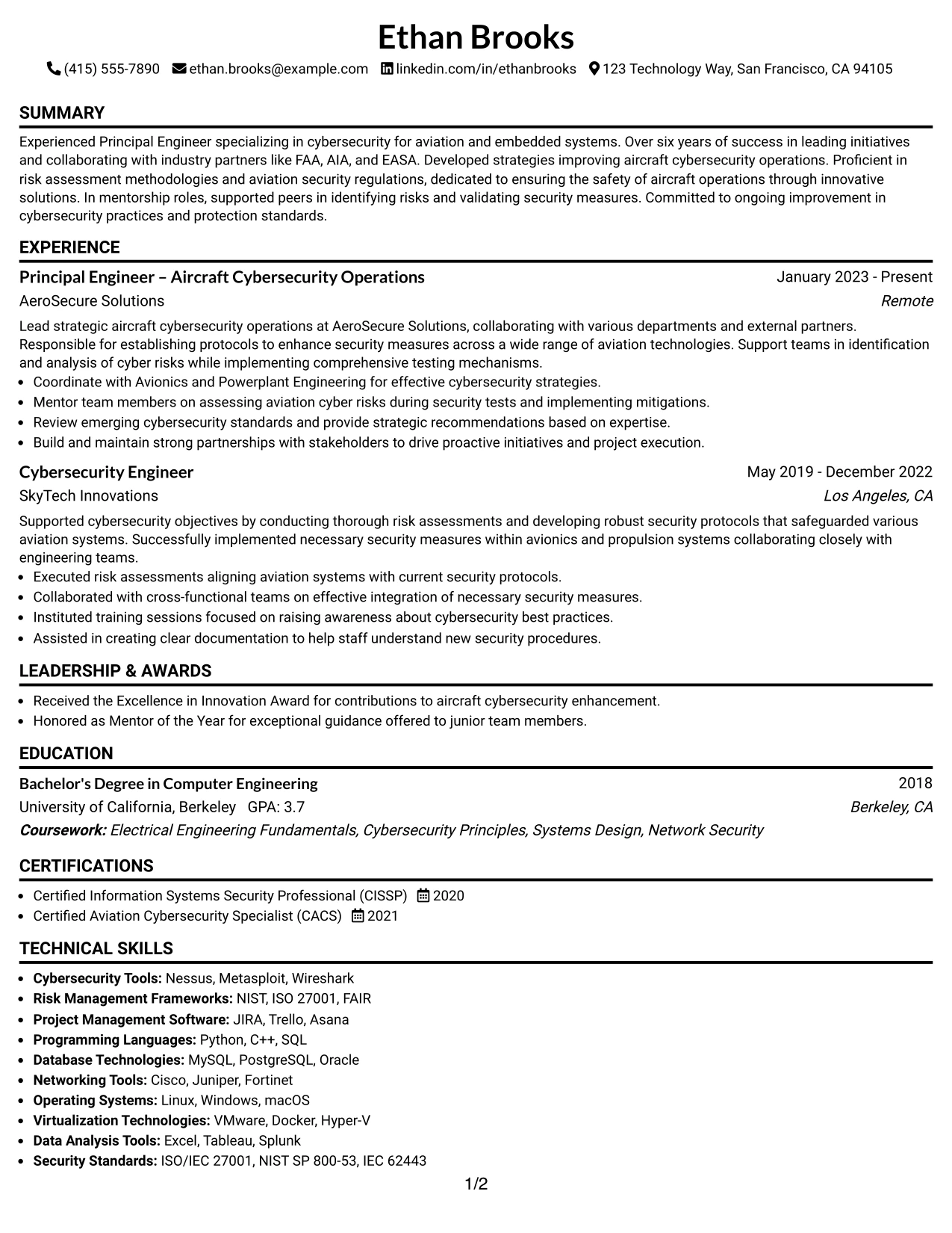 Resume Example Page 1