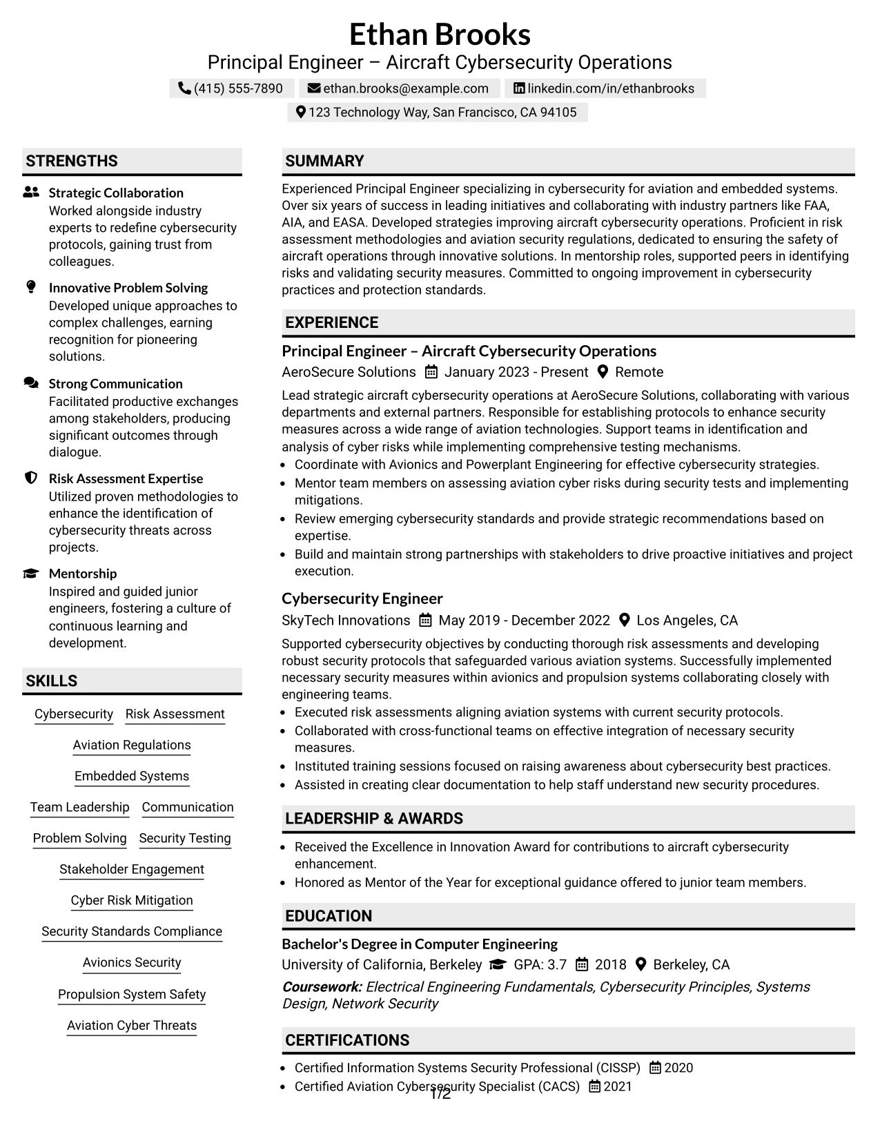 Resume Example Page 1