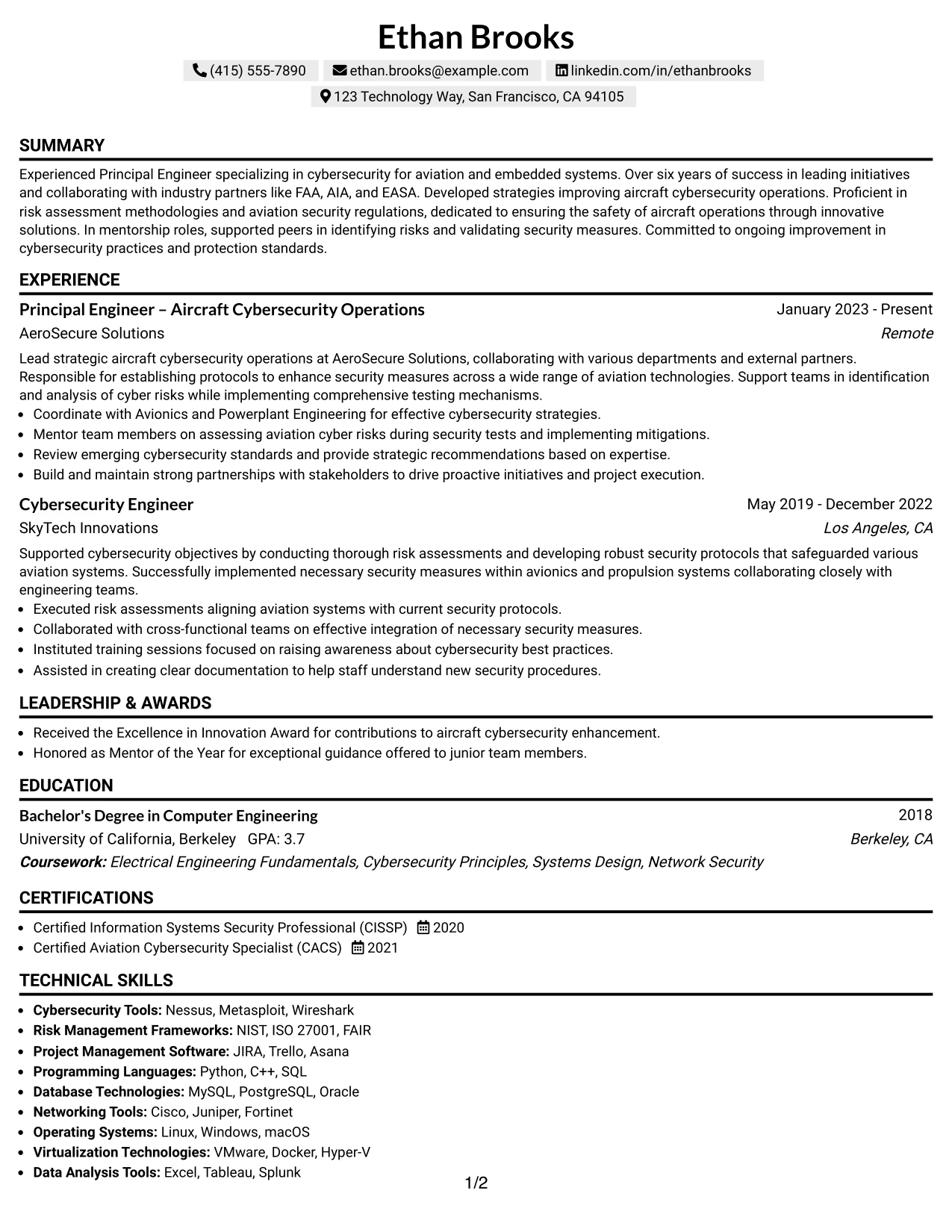 Resume Example Page 1