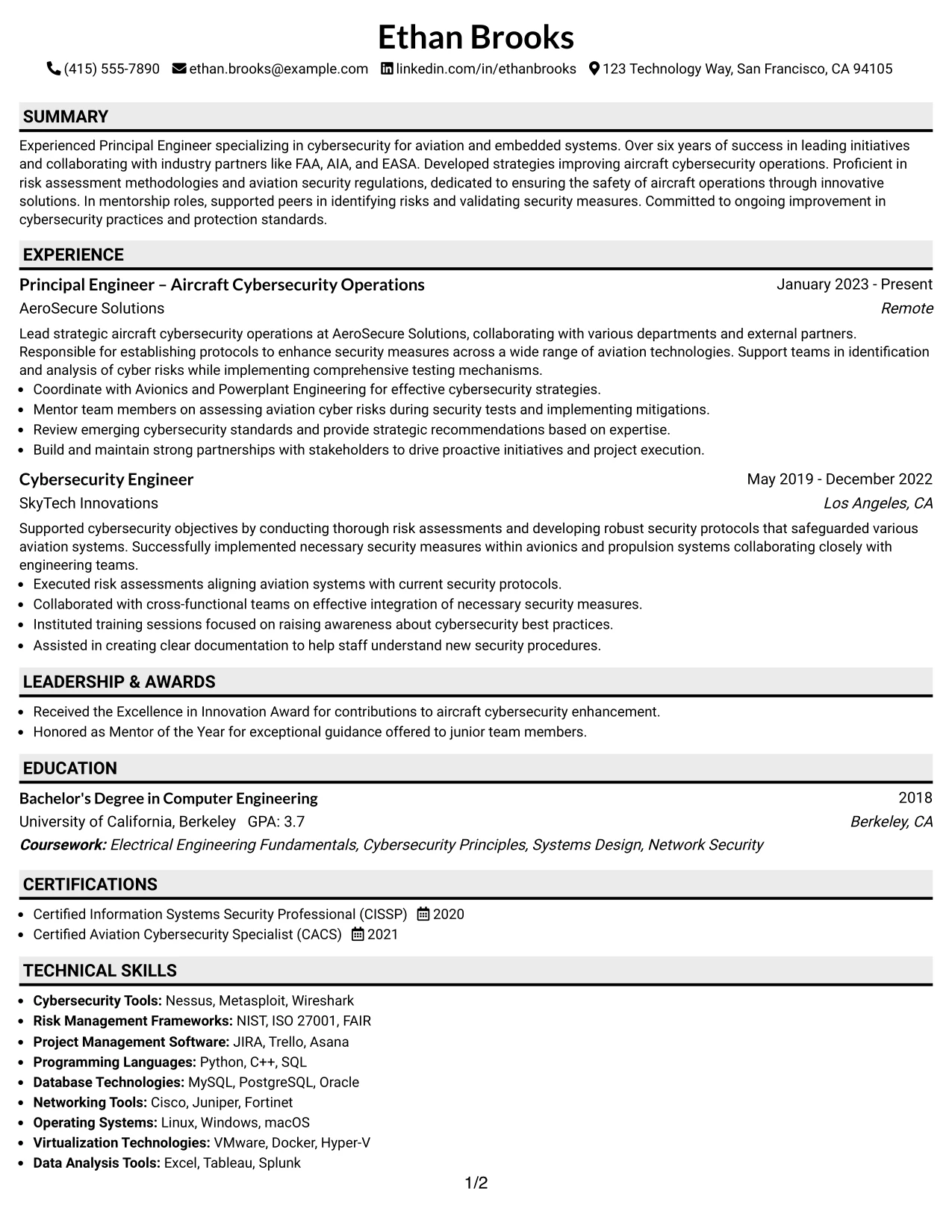 Resume Example Page 1