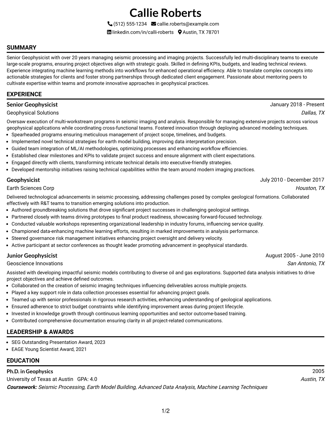 Resume Example Page 1