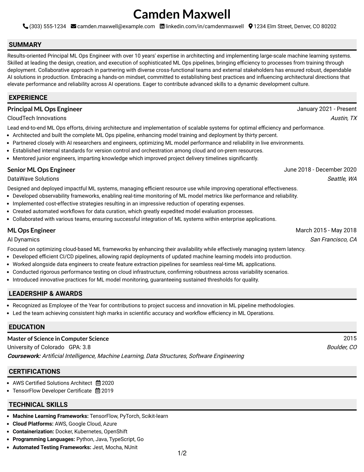 Resume Example Page 1