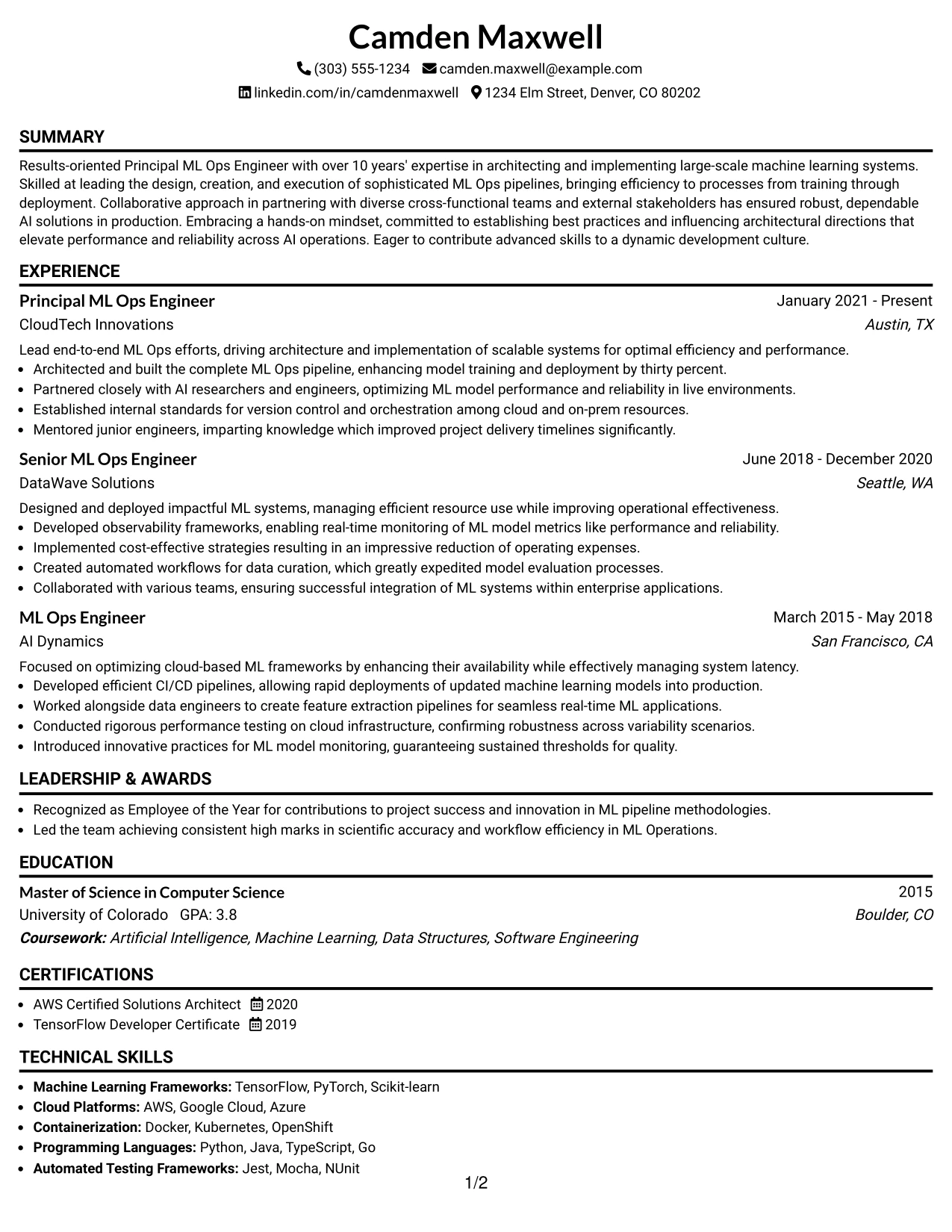 Resume Example Page 1