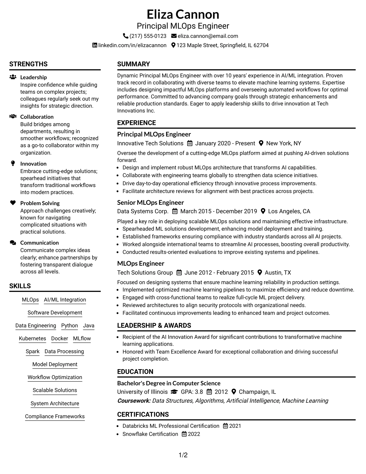Resume Example Page 1