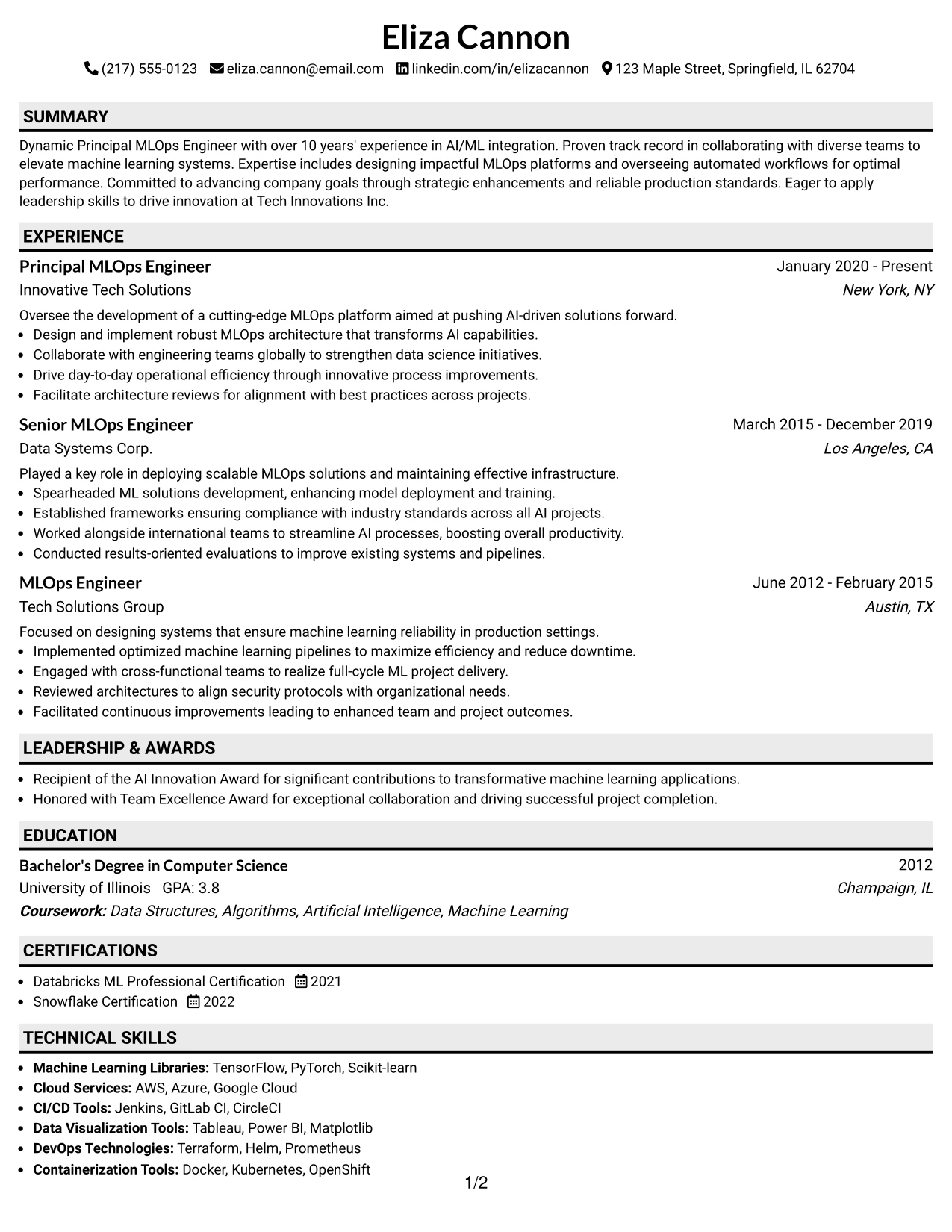 Resume Example Page 1