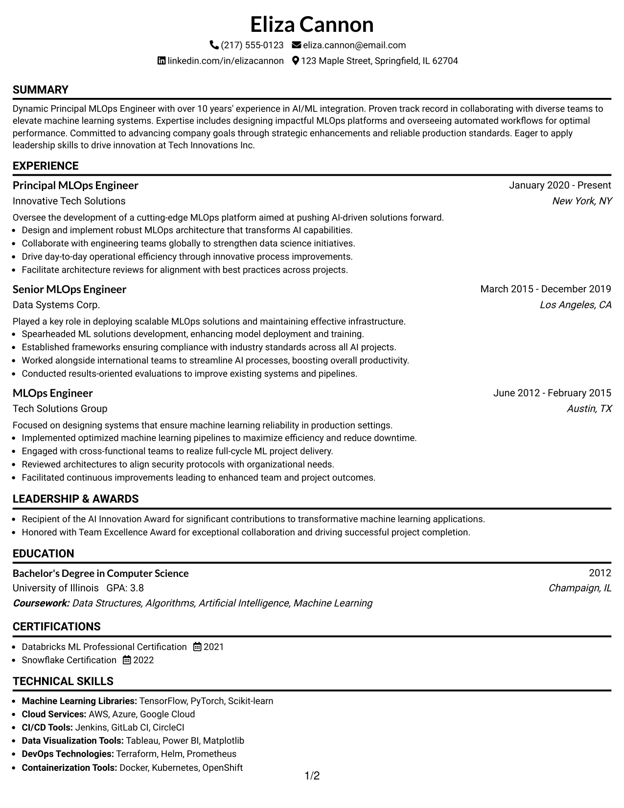 Resume Example Page 1