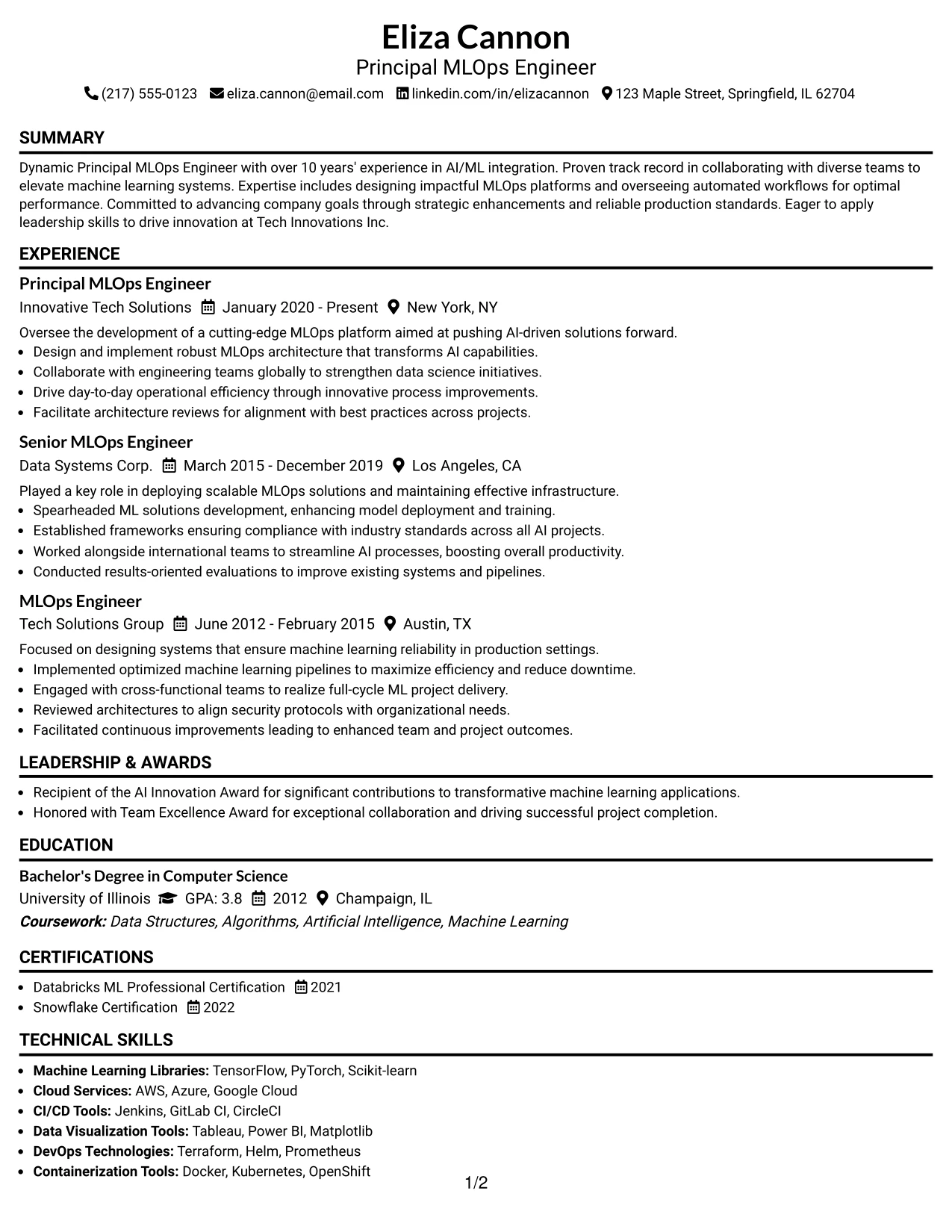 Resume Example Page 1