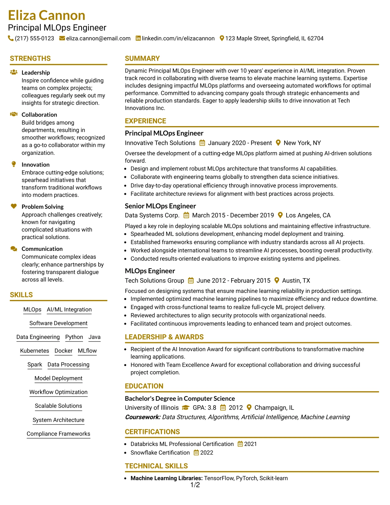 Resume Example Page 1