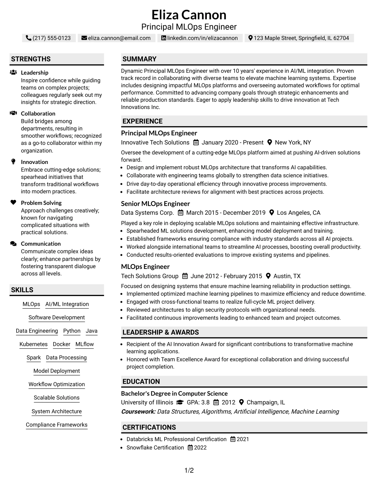 Resume Example Page 1