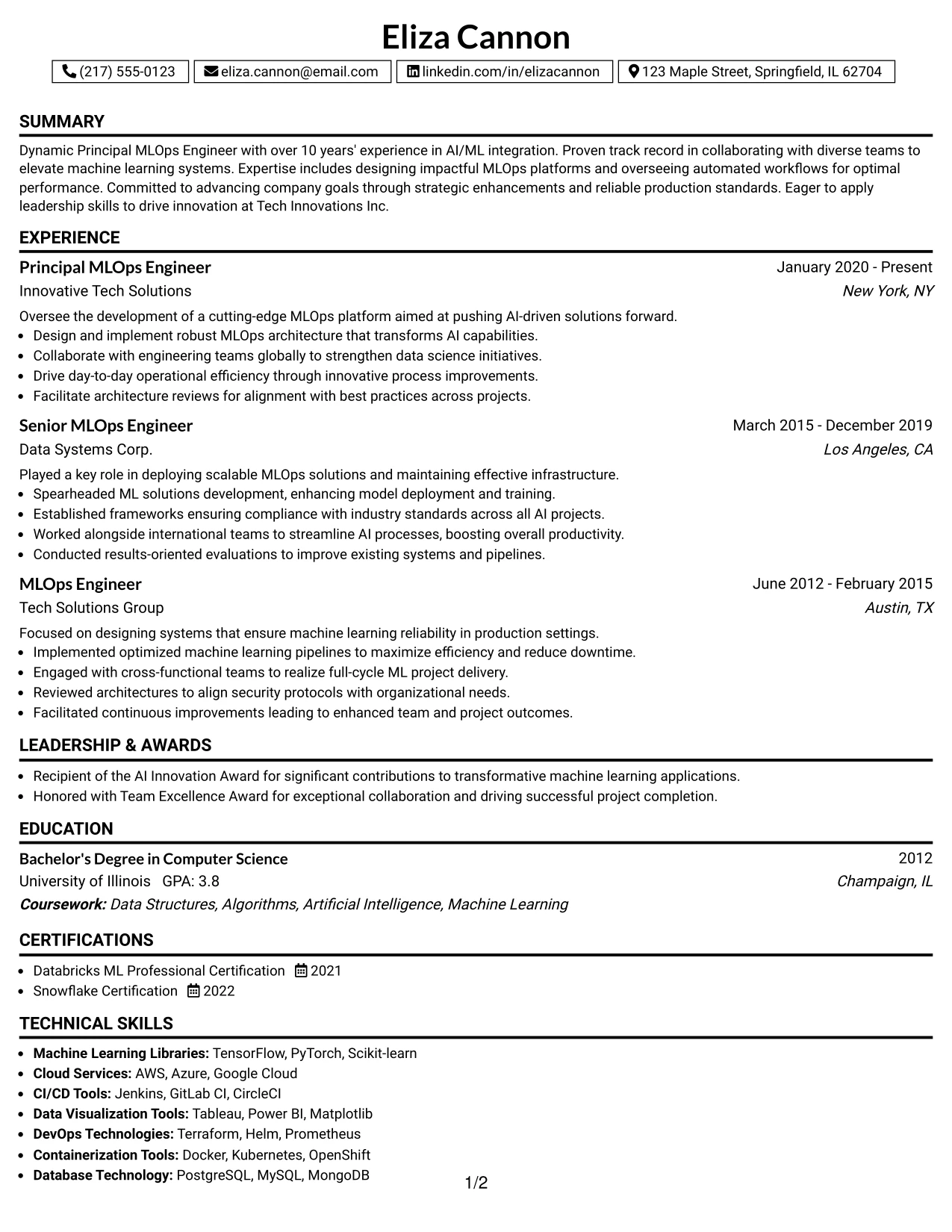 Resume Example Page 1