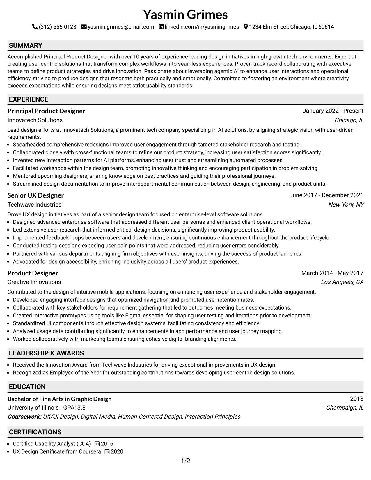 Resume Example Page 1