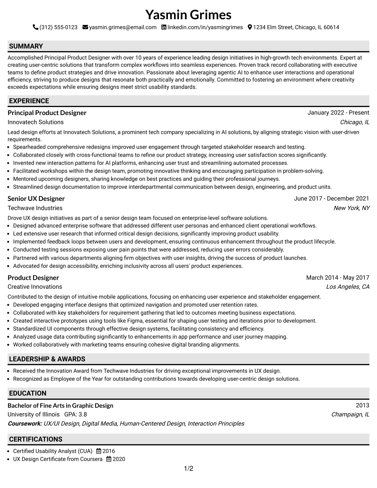 Resume Example Page 1