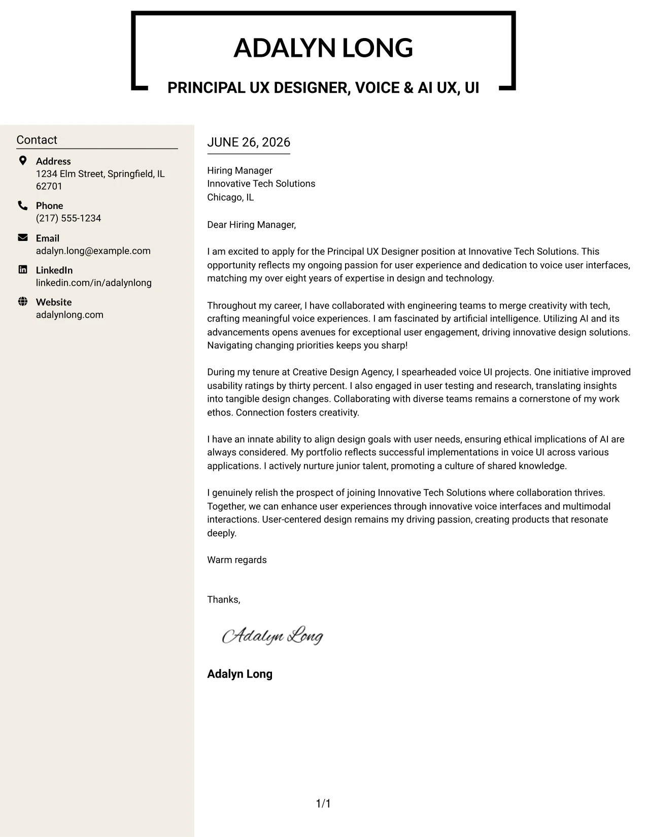 Resume Example Page 1