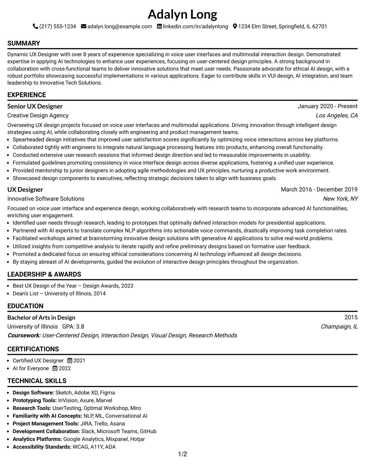 Resume Example Page 1
