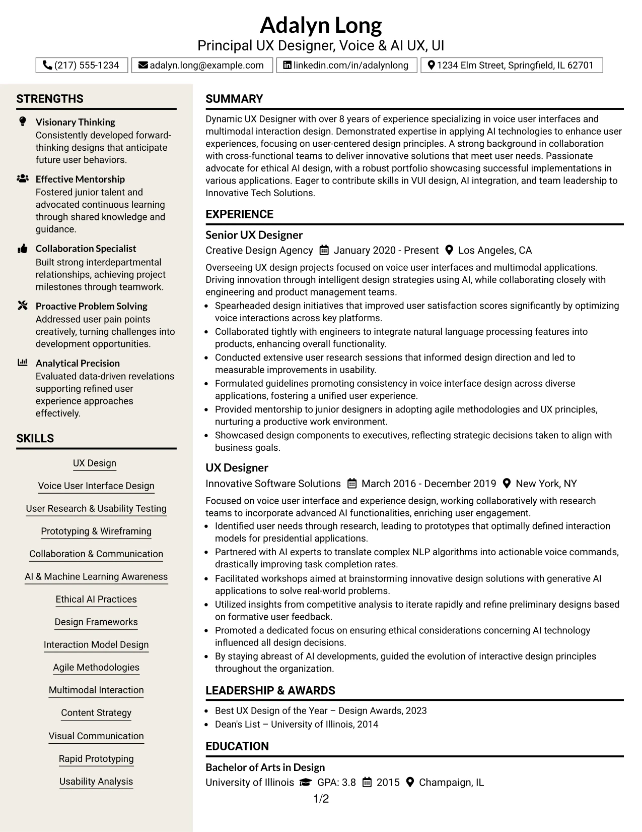 Resume Example Page 1