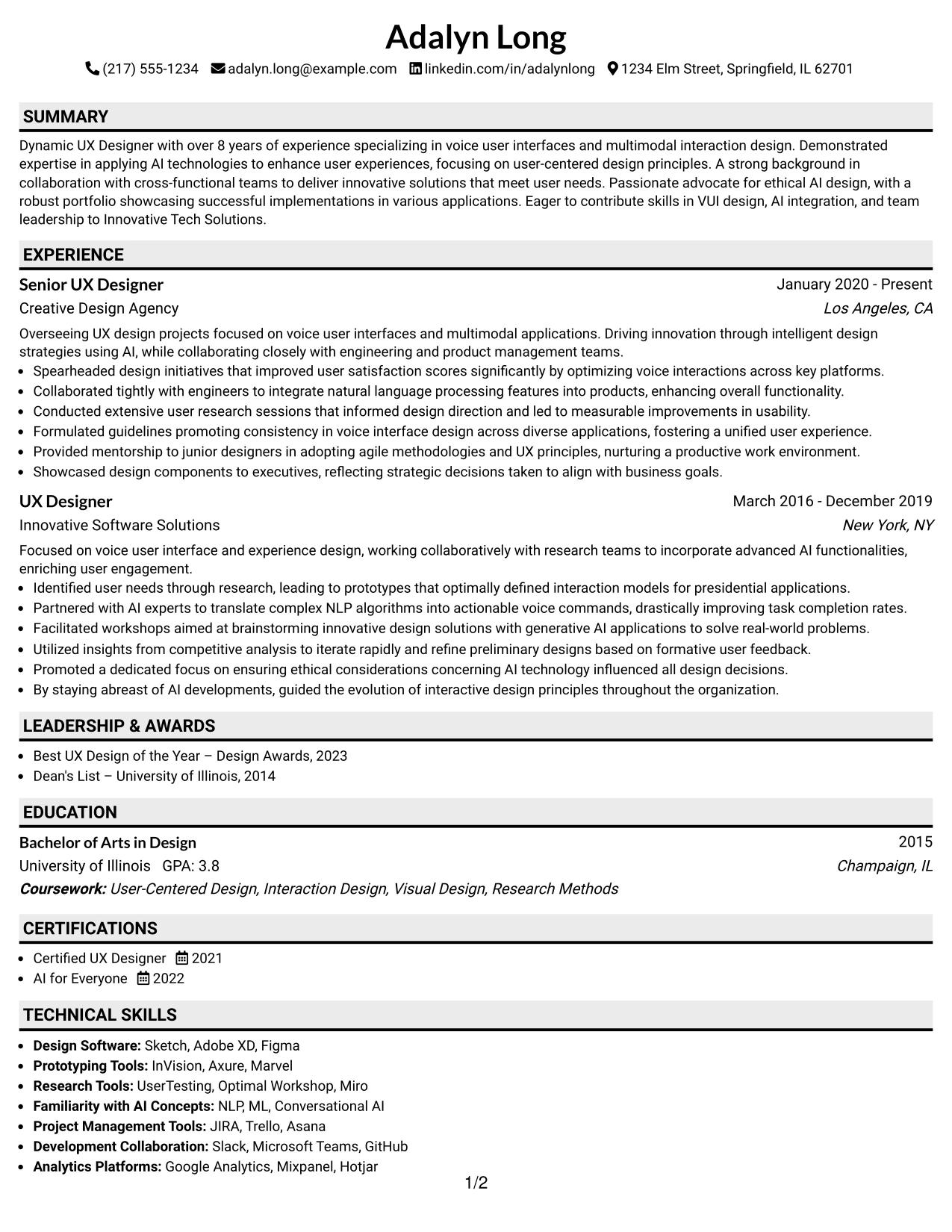 Resume Example Page 1