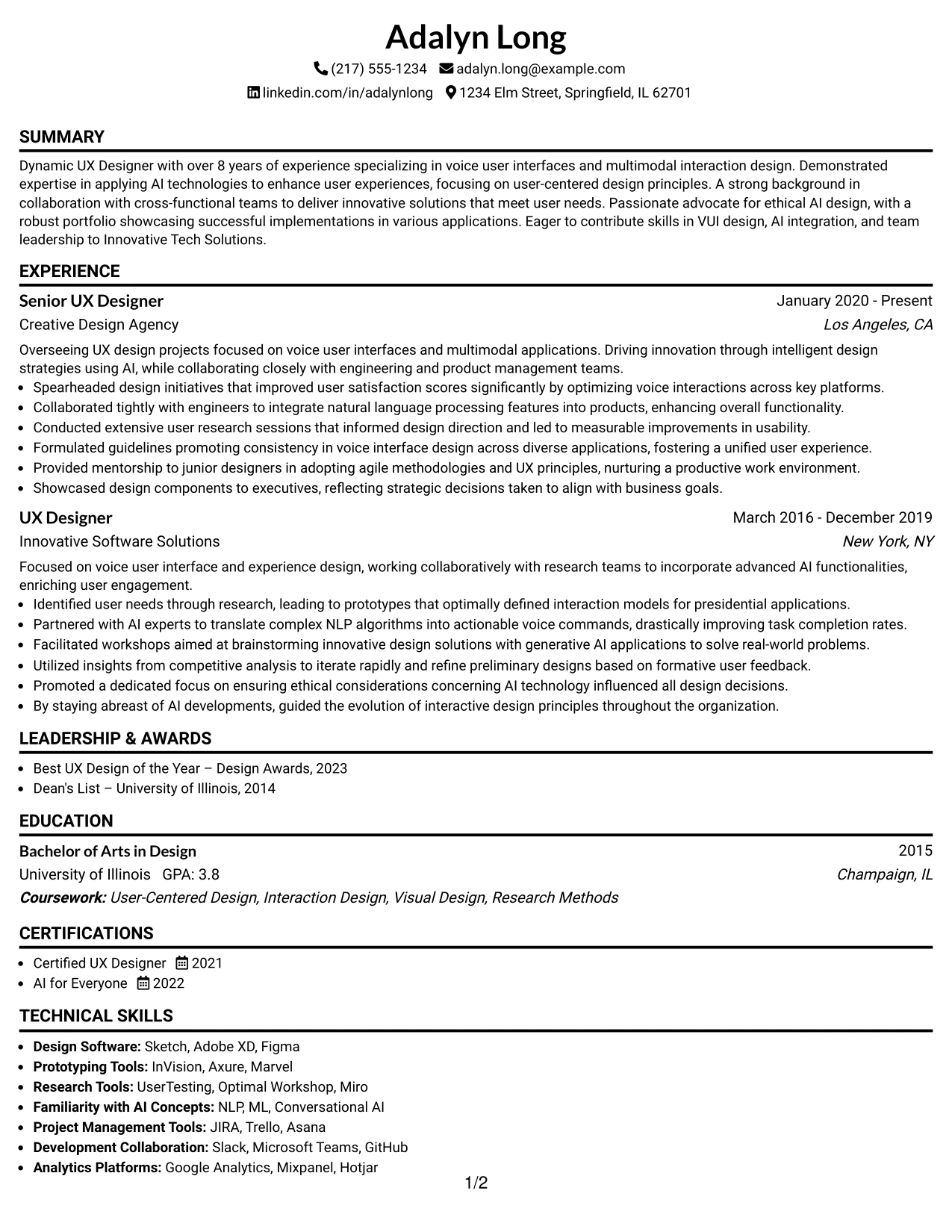 Resume Example Page 1