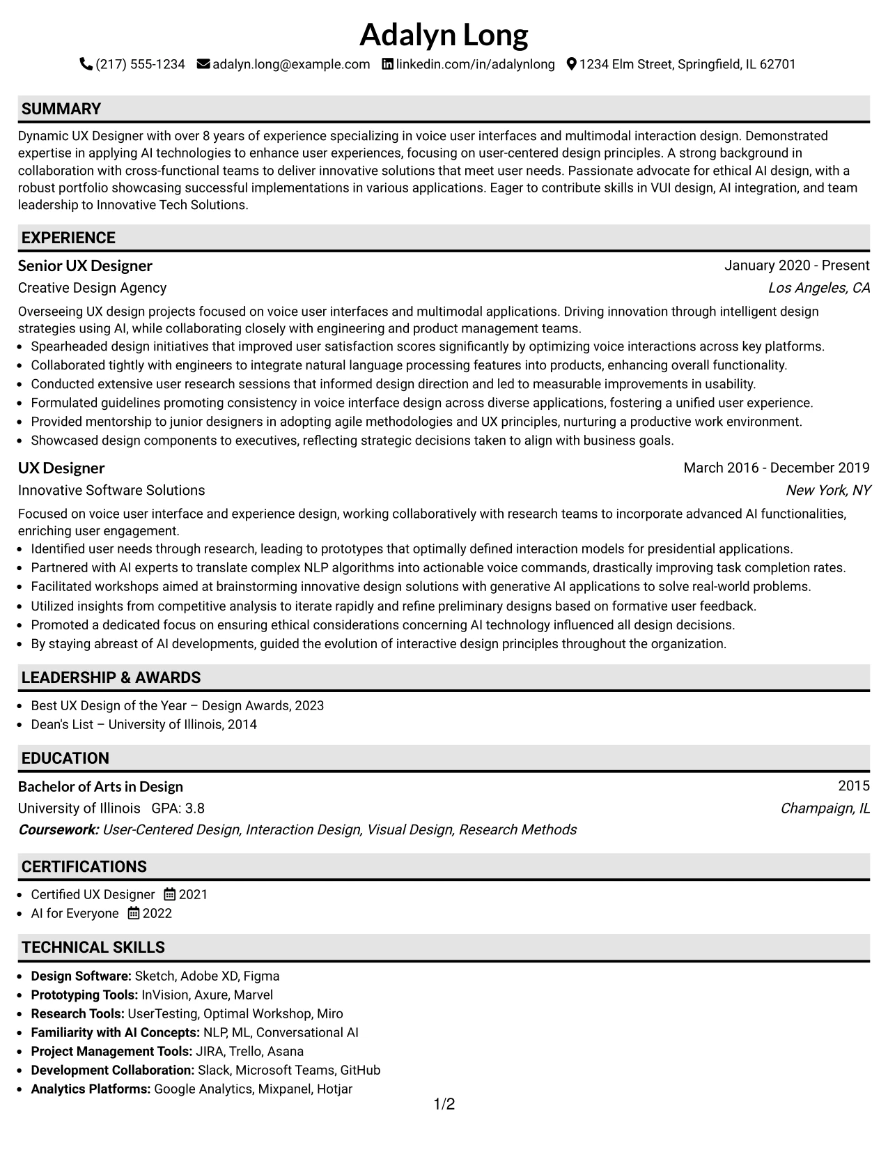 Resume Example Page 1