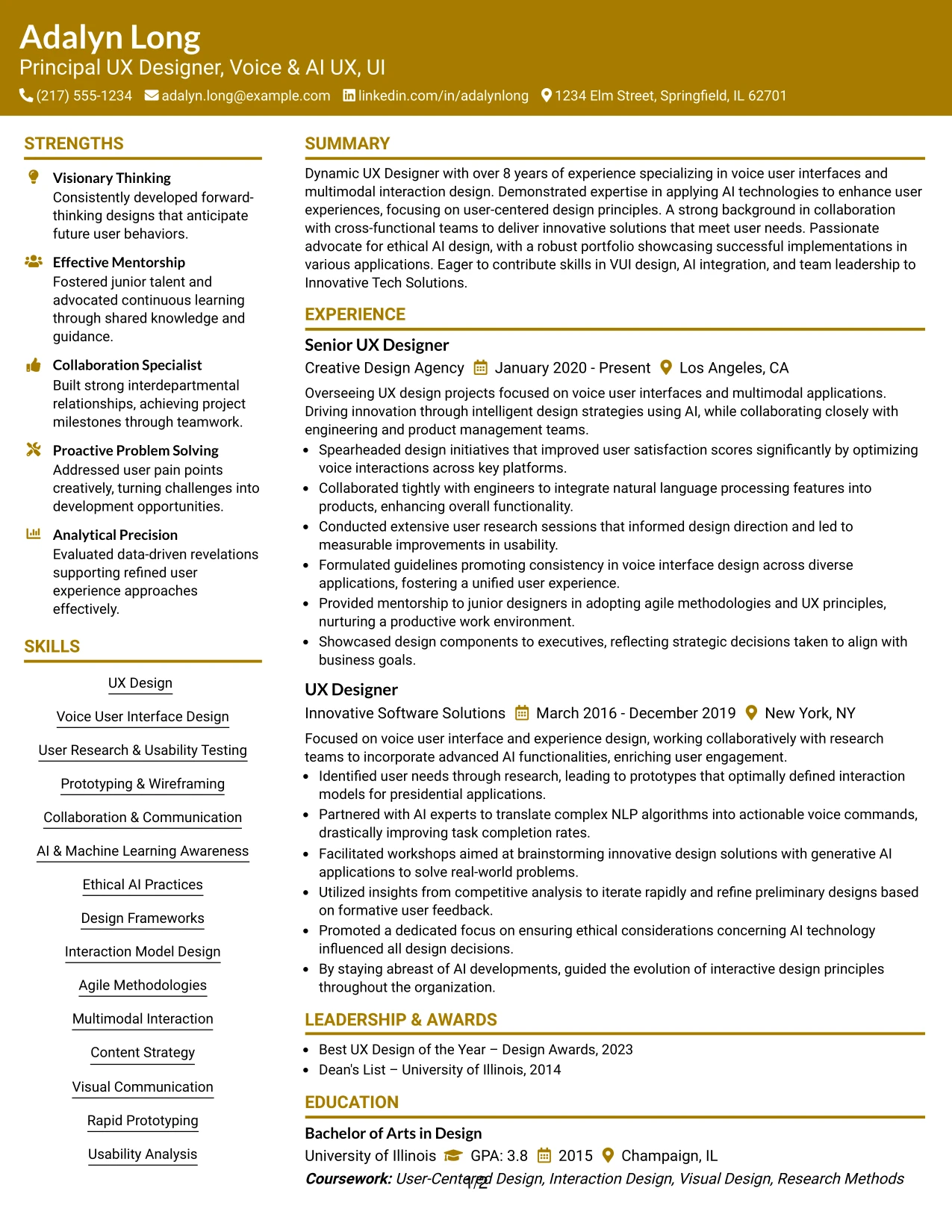 Resume Example Page 1