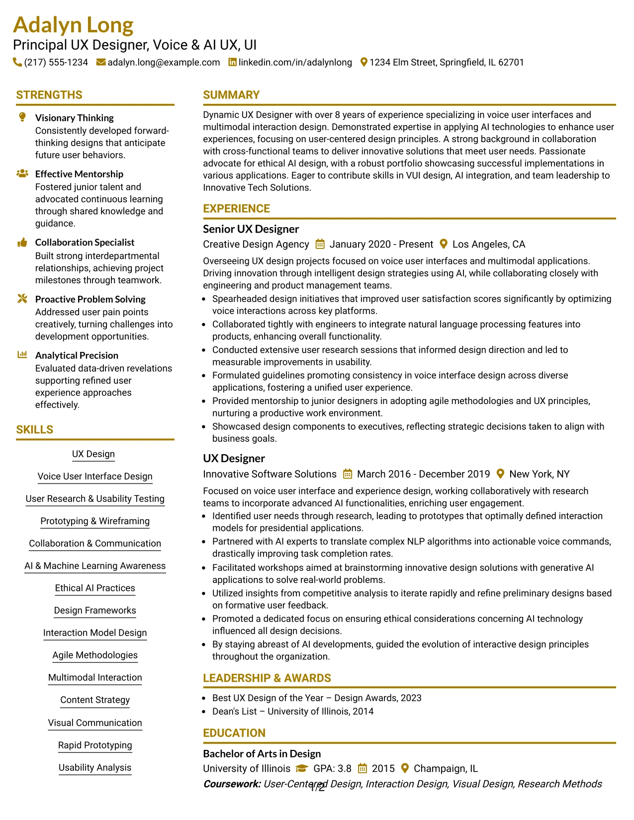 Resume Example Page 1