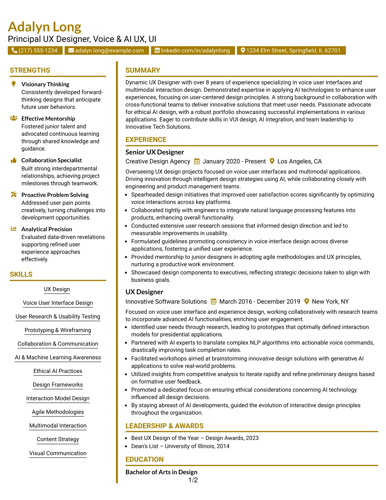 Resume Example Page 1