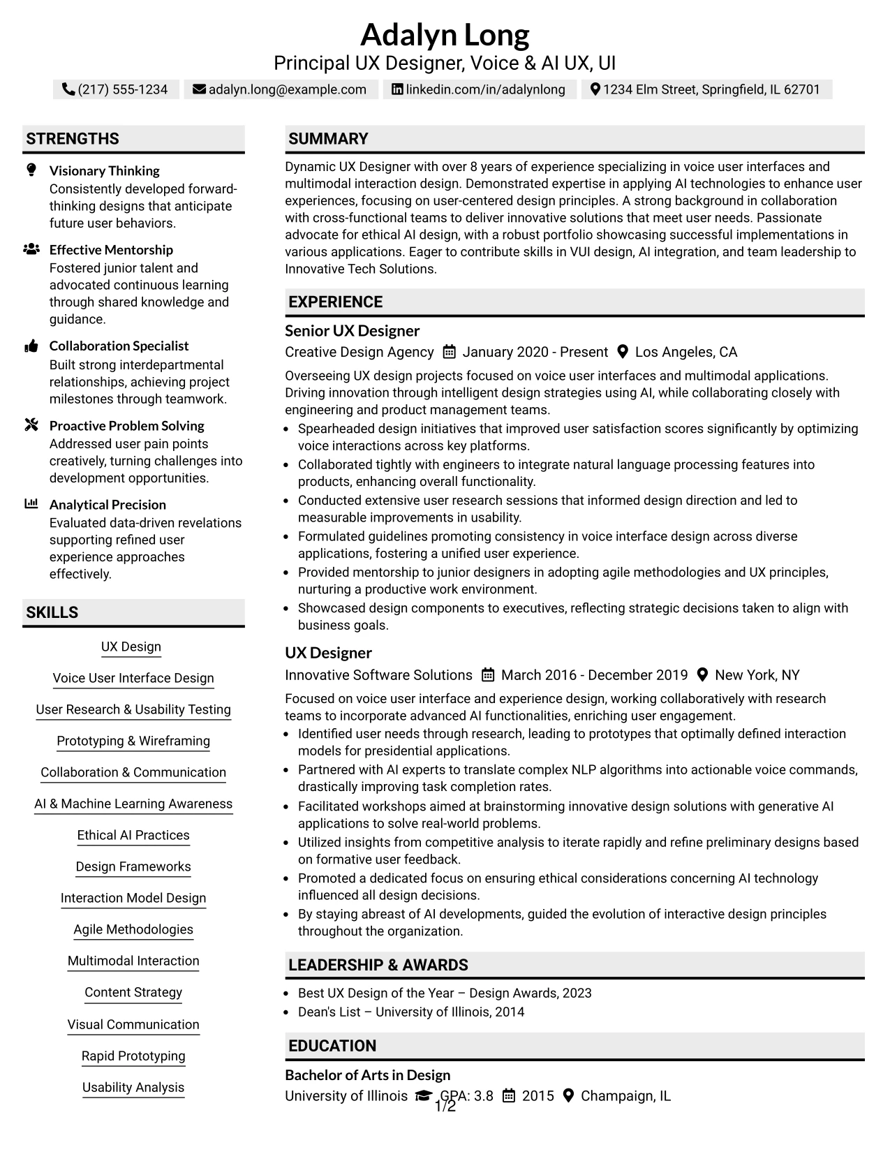 Resume Example Page 1