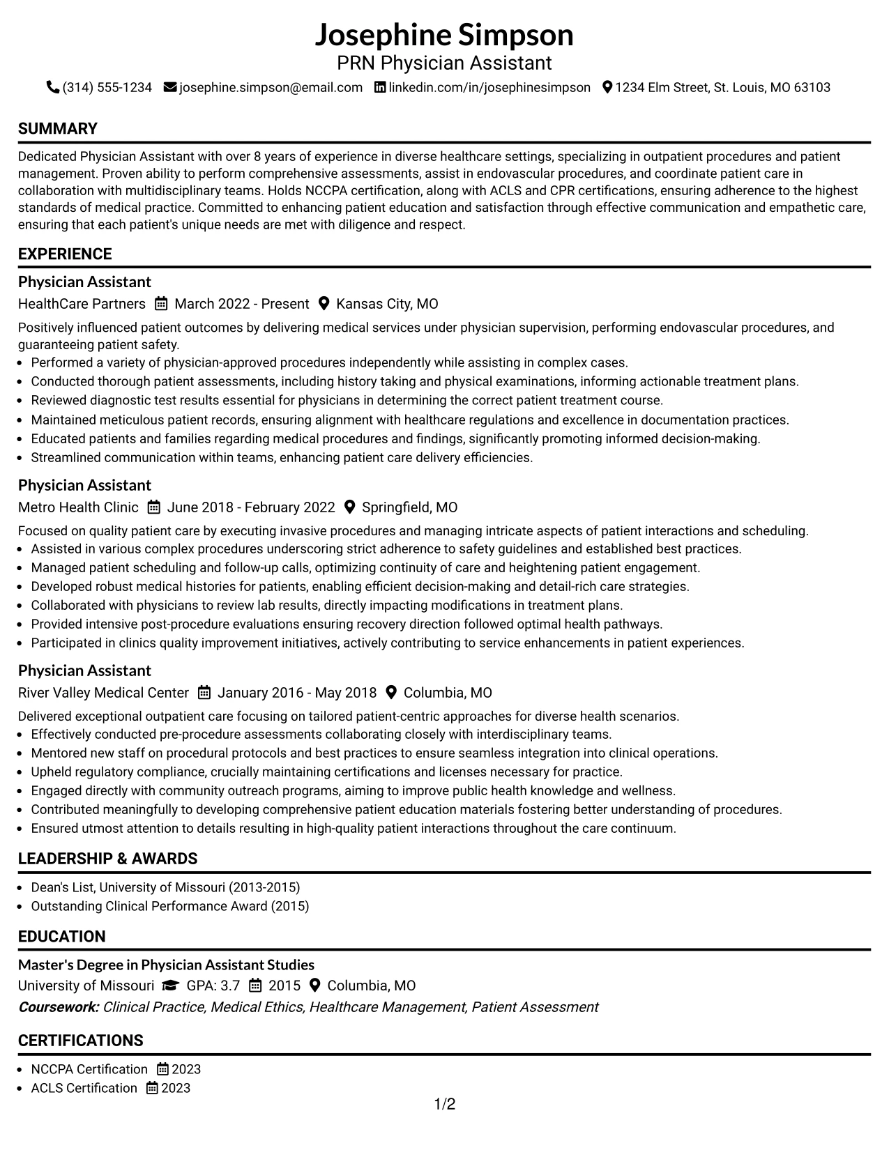 Resume Example Page 1