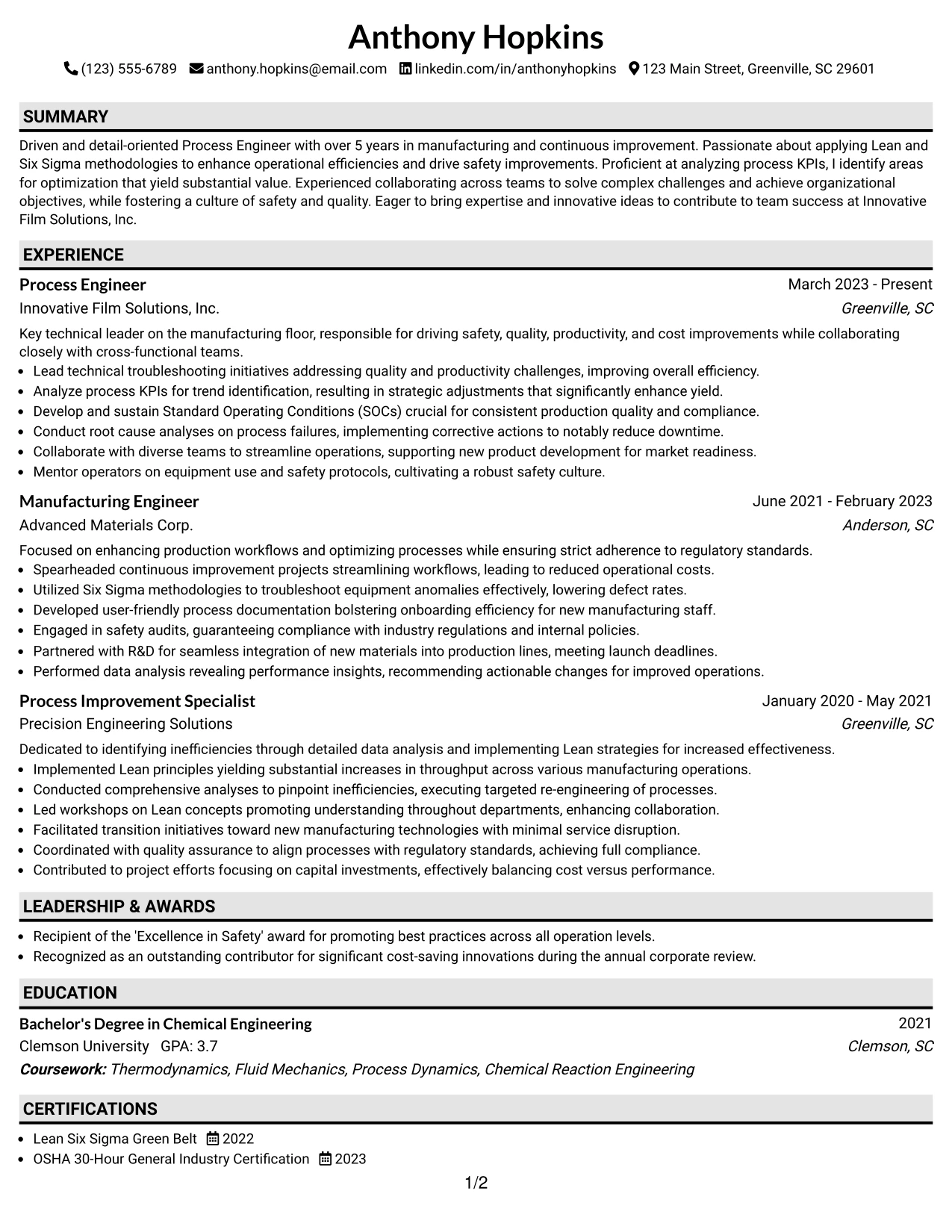 Resume Example Page 1