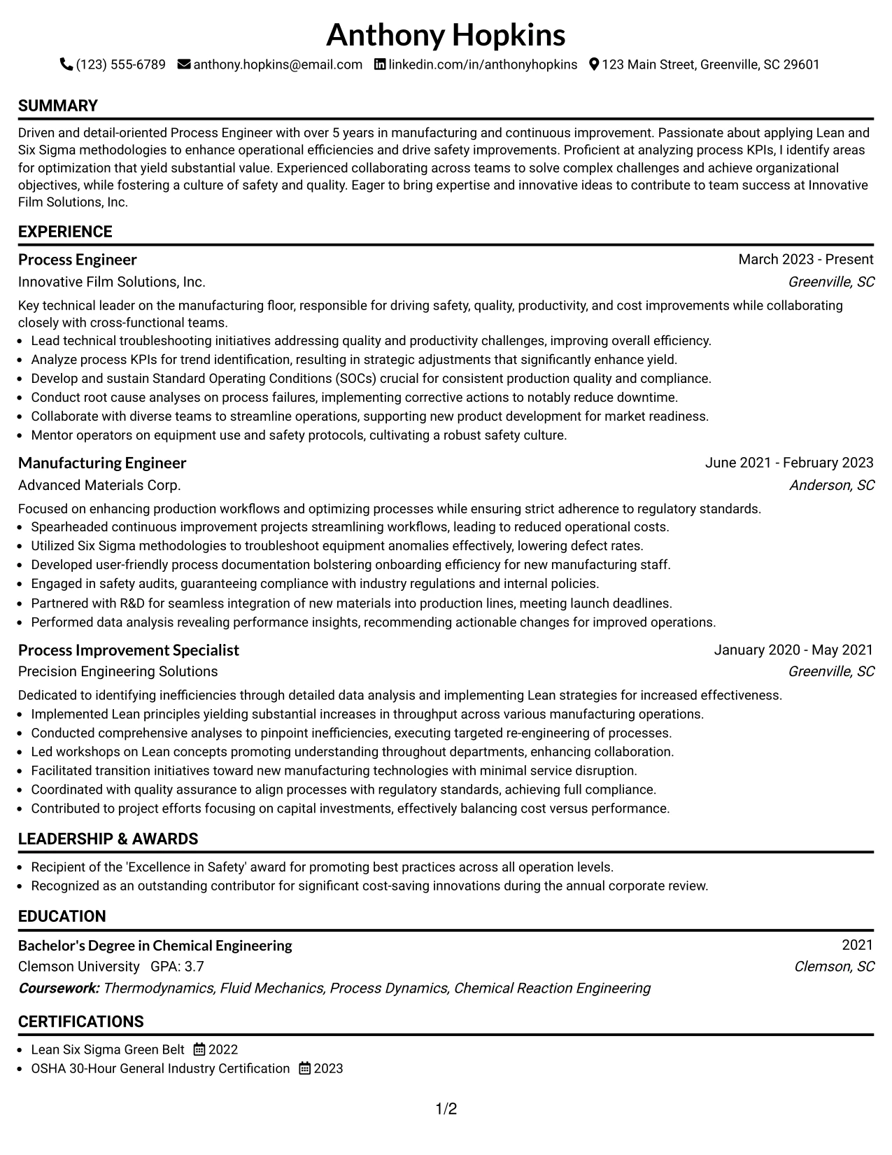 Resume Example Page 1
