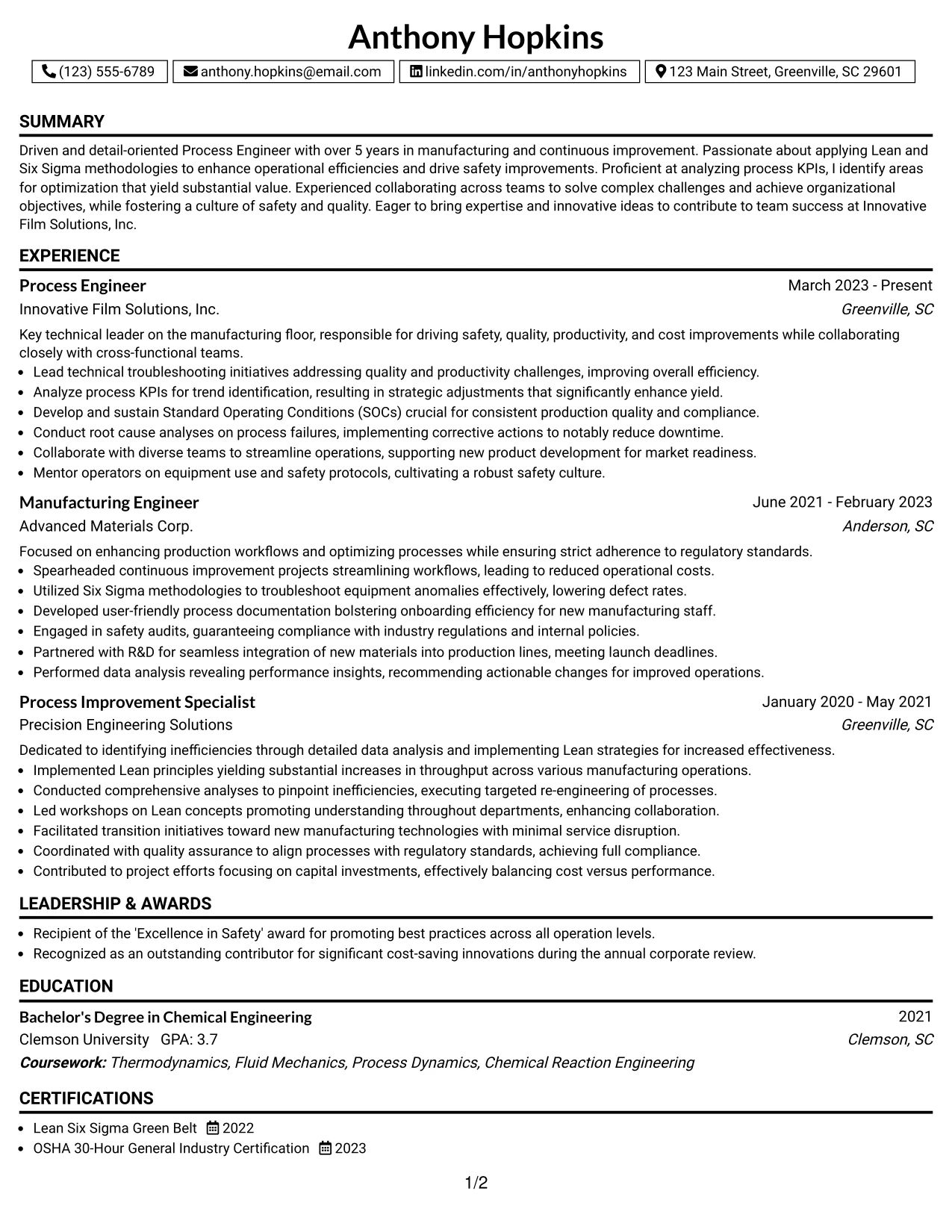 Resume Example Page 1