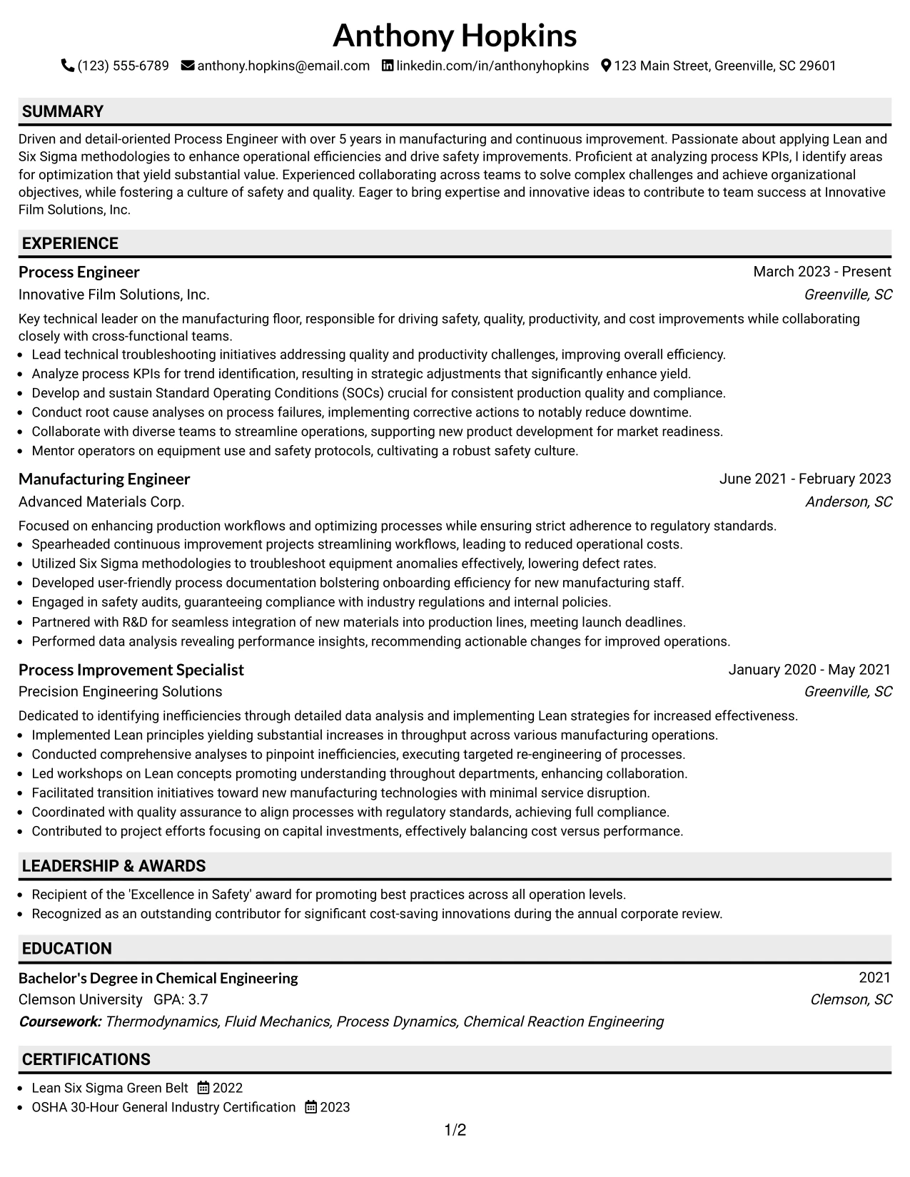 Resume Example Page 1