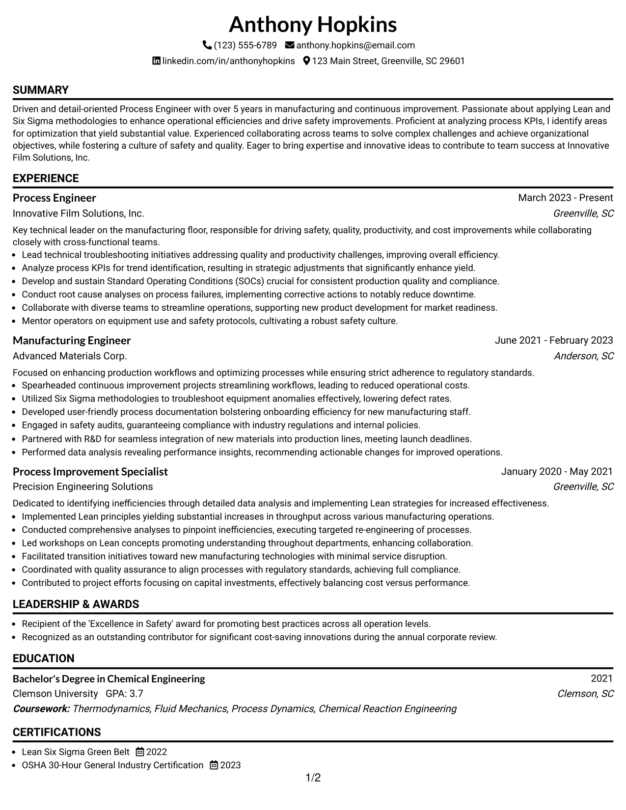 Resume Example Page 1