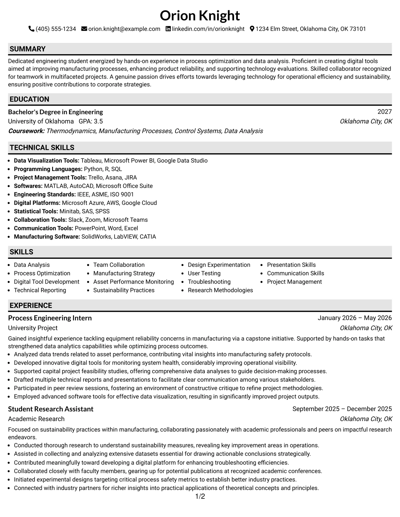 Resume Example Page 1