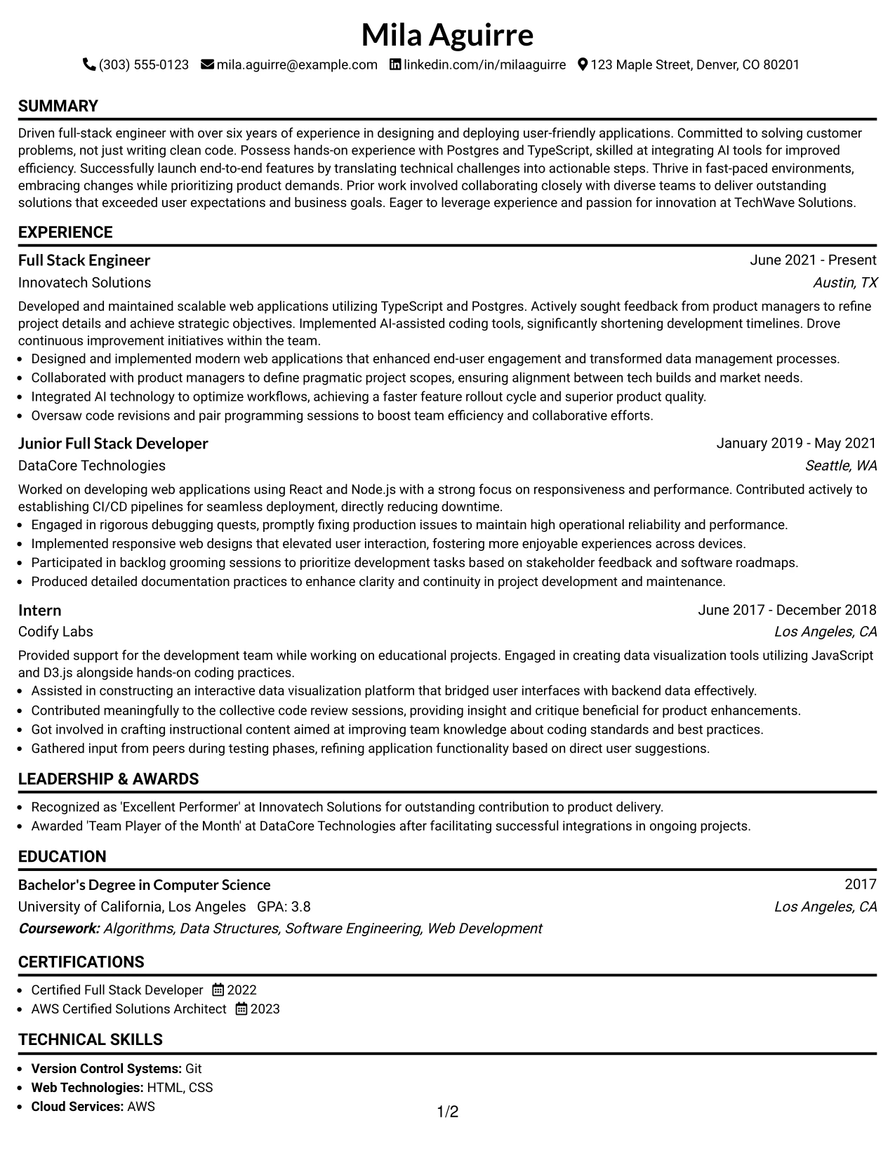 Resume Example Page 1